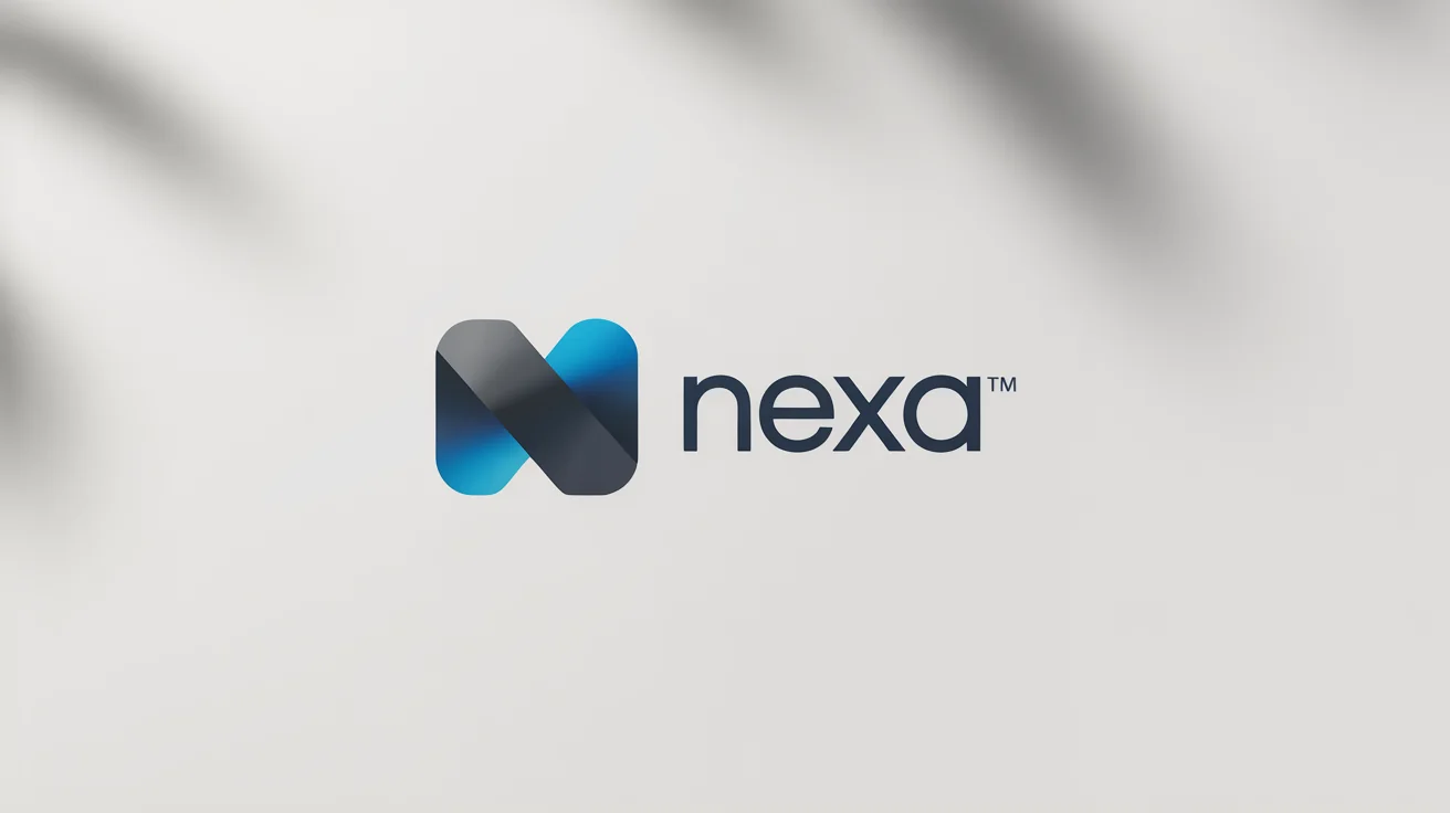 A modern logo mockup for a fictional brand called 'NEXA' with the TM symbol, featuring a blue and gray geometric icon on a white background.