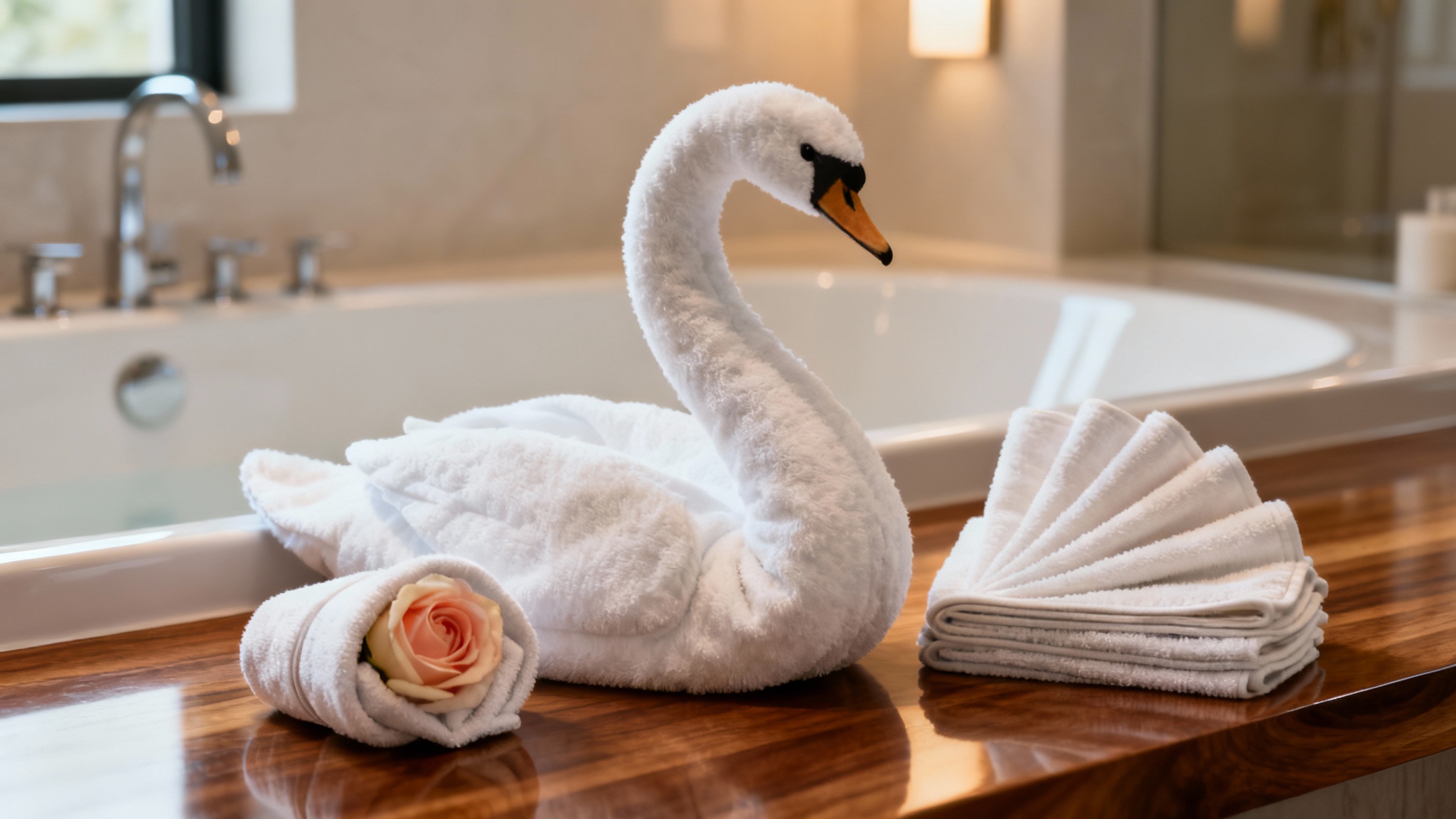An elegant display of towel art in a luxurious spa setting, featuring a large towel folded into a swan, a hand towel folded into a rose, and a fanned stack of washcloths, all arranged beautifully on a wooden surface.