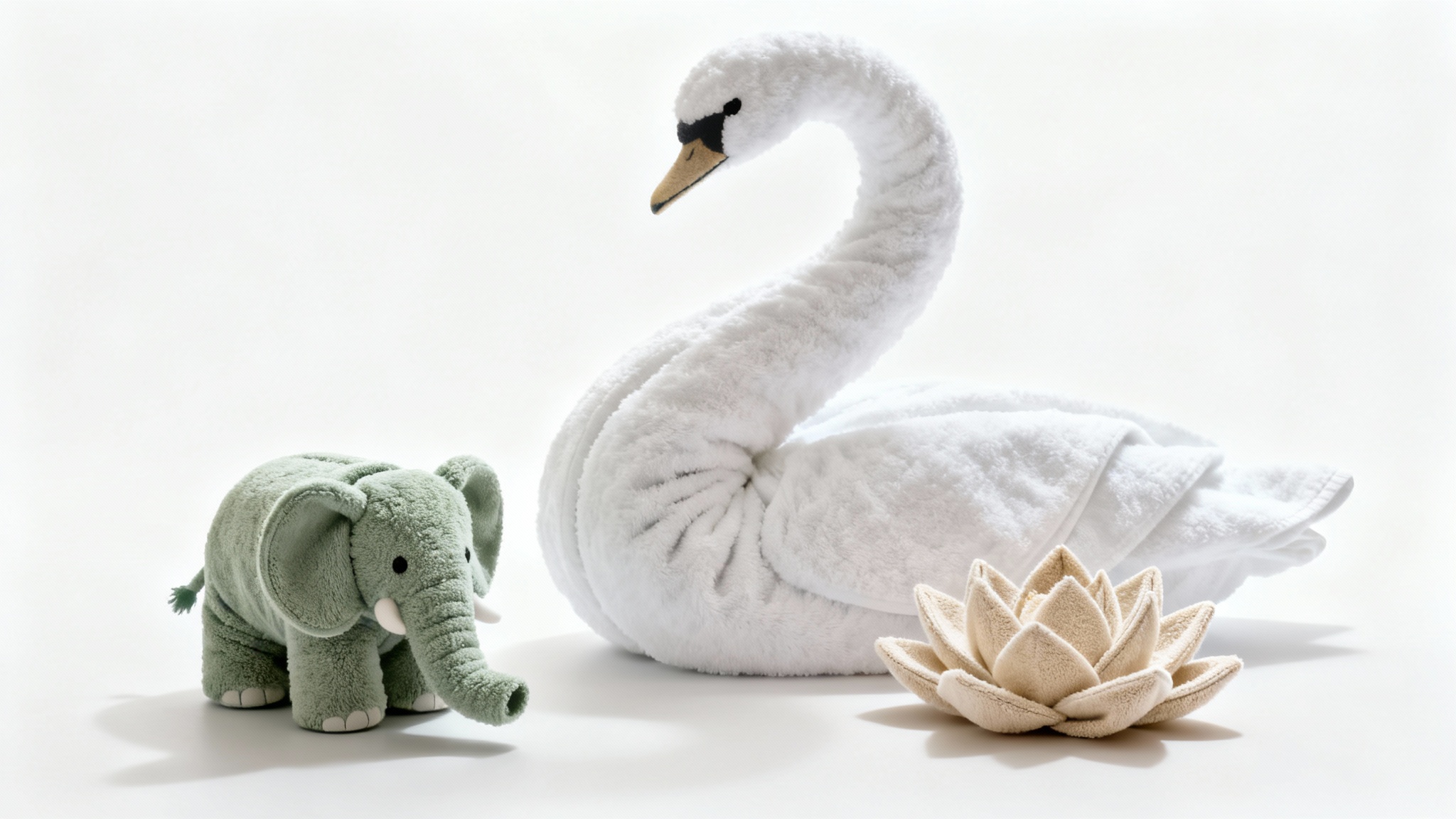 Three beautifully folded towels on a white background, showcasing creative towel folding ideas. A white towel is shaped like a swan, a green one like an elephant, and a beige one like a lotus flower.