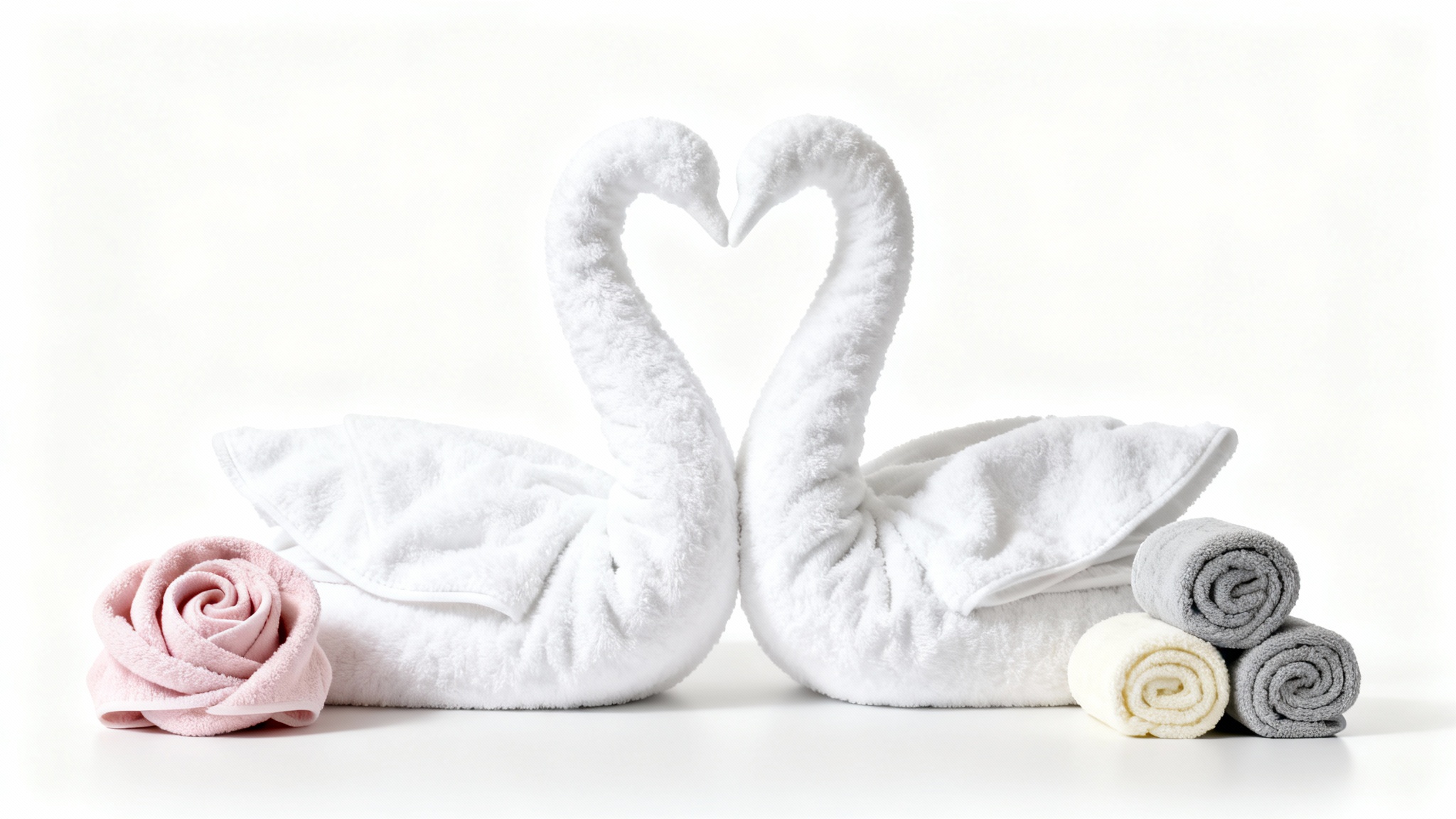 A collection of artistically folded towels, featuring a white swan, a pink rose, and a stack of rolled towels, displayed against a clean white background.