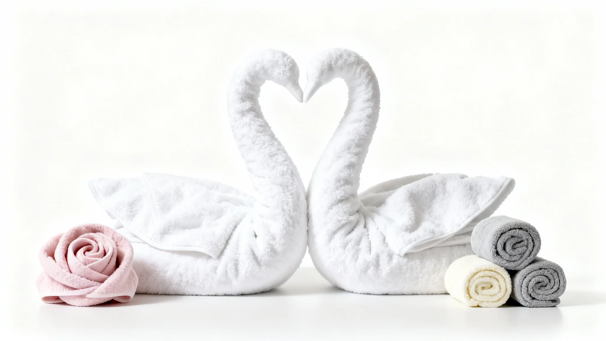 A collection of artistically folded towels, featuring a white swan, a pink rose, and a stack of rolled towels, displayed against a clean white background.