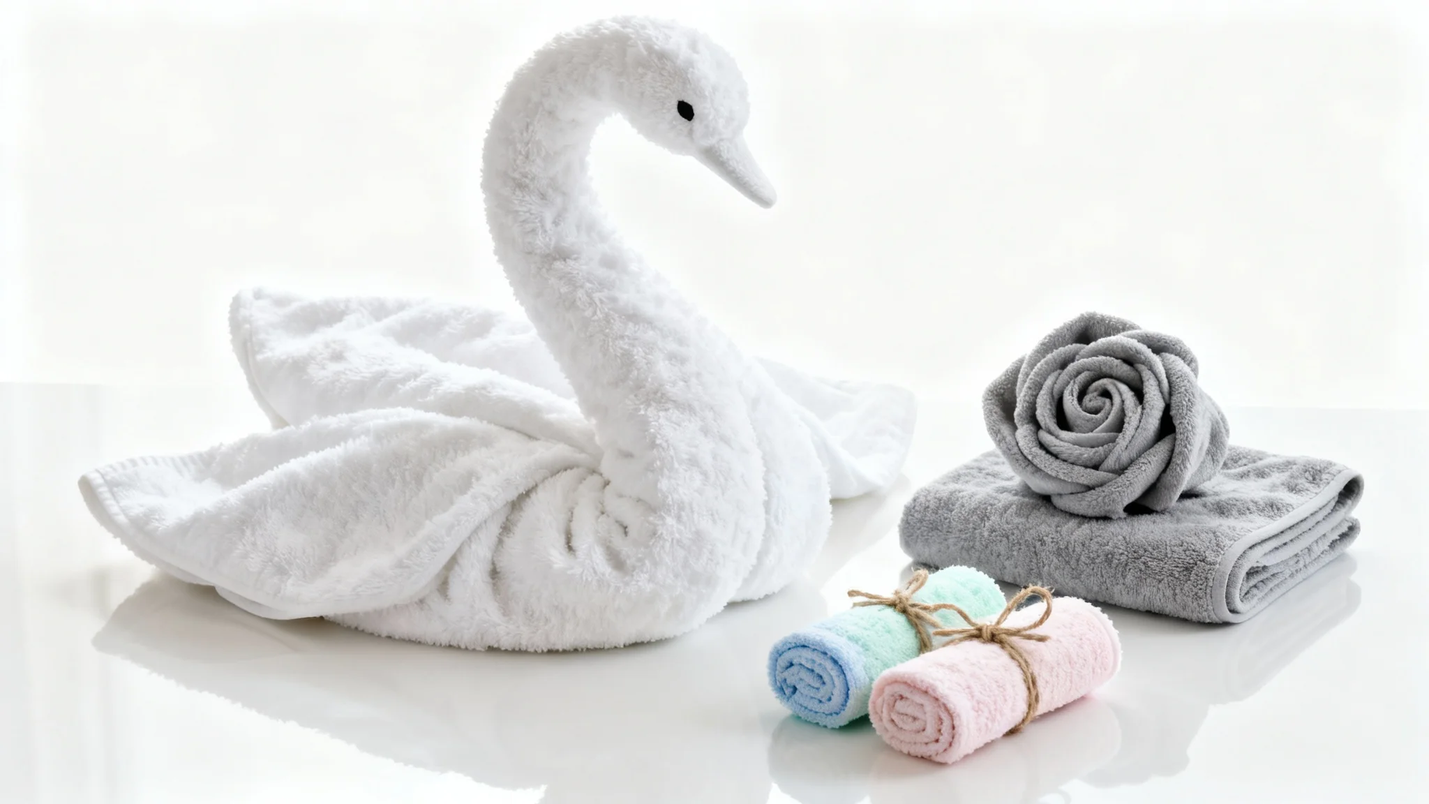 A collection of creatively folded towels on a white background, including a white towel swan, a grey towel rose, and a stack of colorful rolled washcloths.