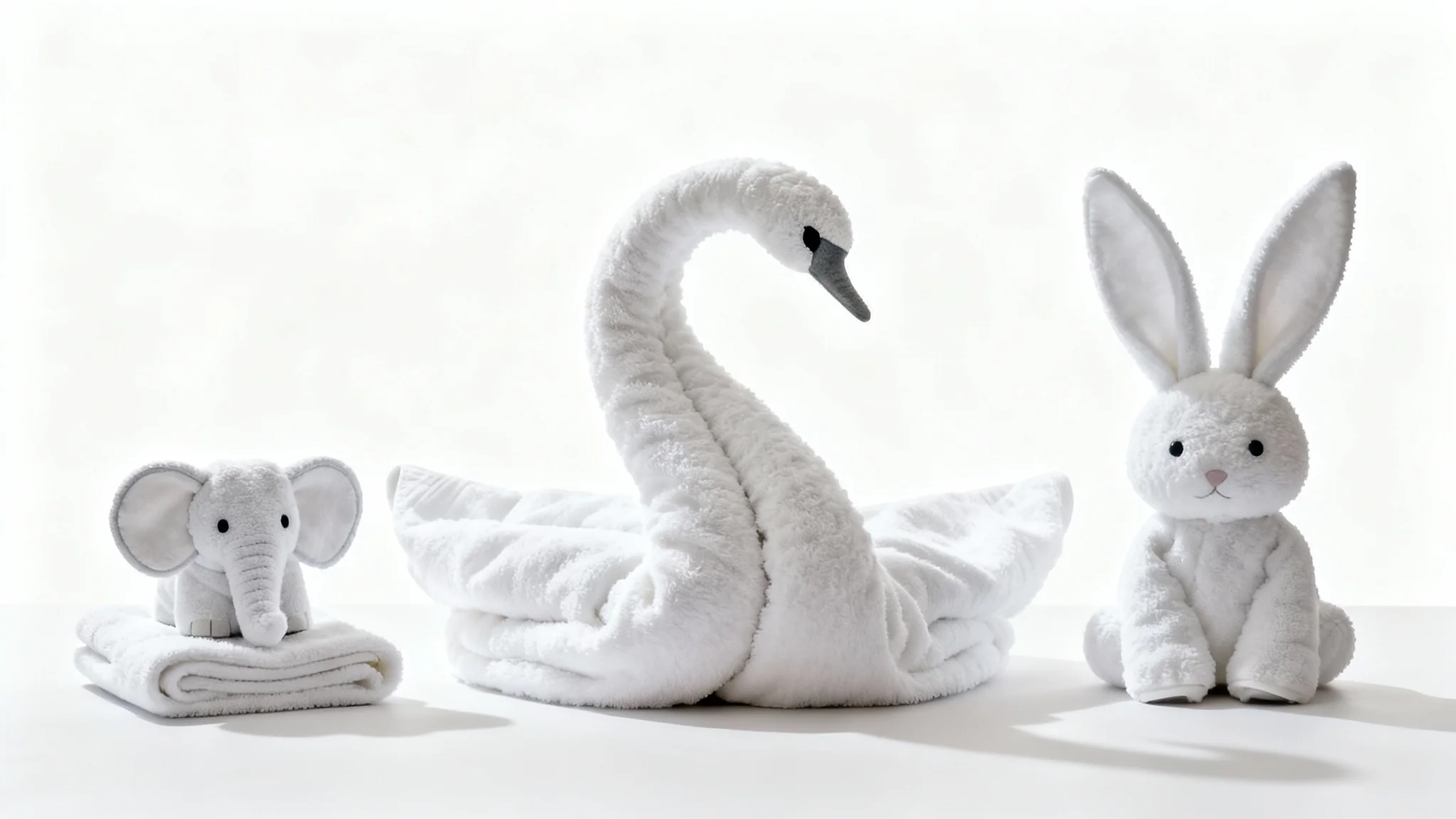A collection of three white towels folded into animal shapes: a large swan in the center, flanked by a smaller elephant and a rabbit, all set against a plain white background.