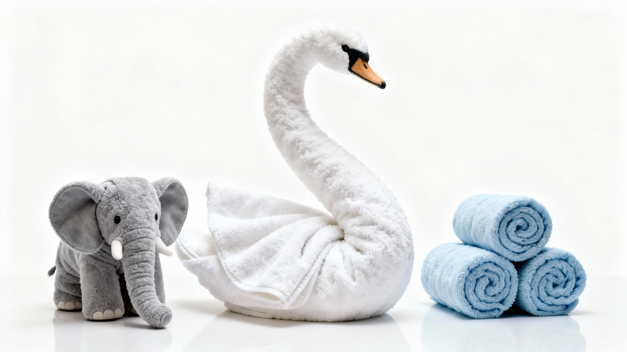 A collection of artfully folded towels on a white background, including a large white swan, a small grey elephant, and a stack of rolled blue towels, demonstrating creative towel folding ideas.