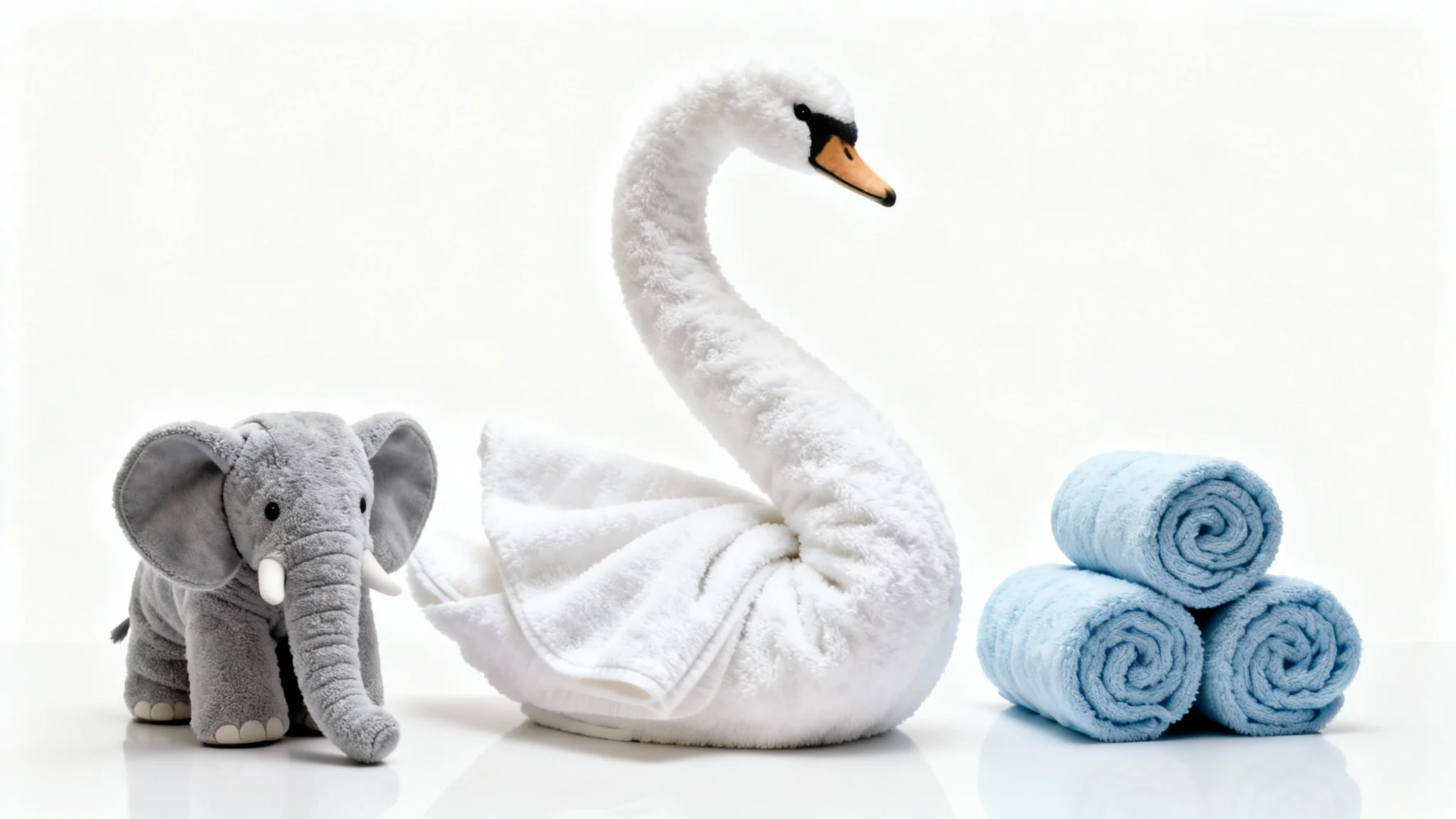 A collection of artfully folded towels on a white background, including a large white swan, a small grey elephant, and a stack of rolled blue towels, demonstrating creative towel folding ideas.