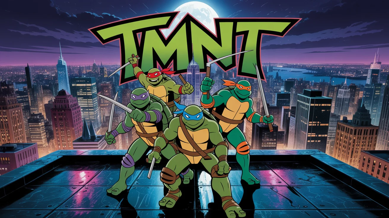 A dynamic digital illustration of the Teenage Mutant Ninja Turtles on a city rooftop at night. Each turtle is in an action pose with their signature weapon, and the title 'TMNT' is written in a bold graffiti style.
