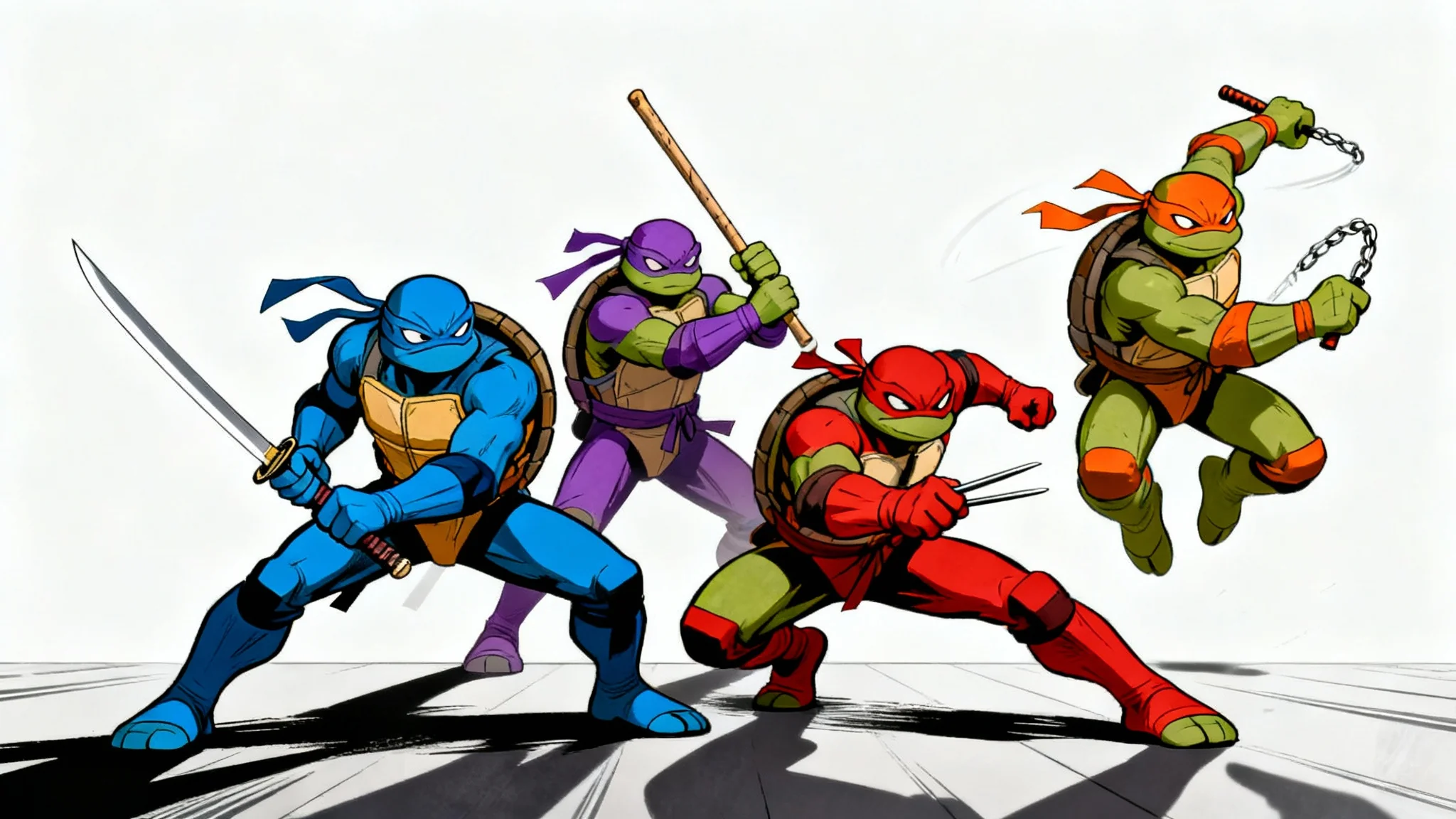 A dynamic illustration of the Teenage Mutant Ninja Turtles, Leonardo, Donatello, Raphael, and Michelangelo, in action poses on a clean white background, showcasing their unique weapons and personalities.