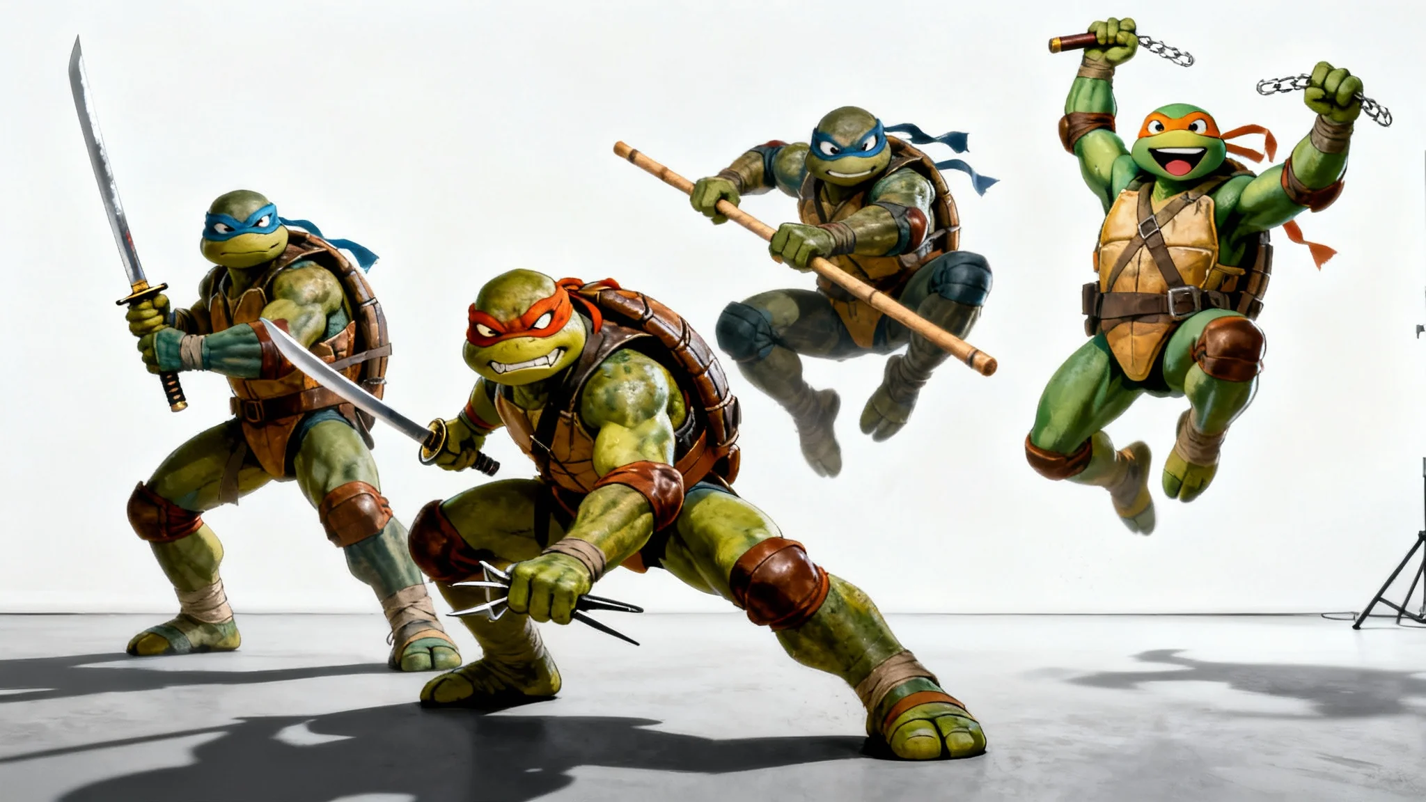 The four Teenage Mutant Ninja Turtles, Leonardo, Raphael, Donatello, and Michelangelo, in a dynamic, heroic action pose against a clean white background, showcasing their unique weapons and personalities.