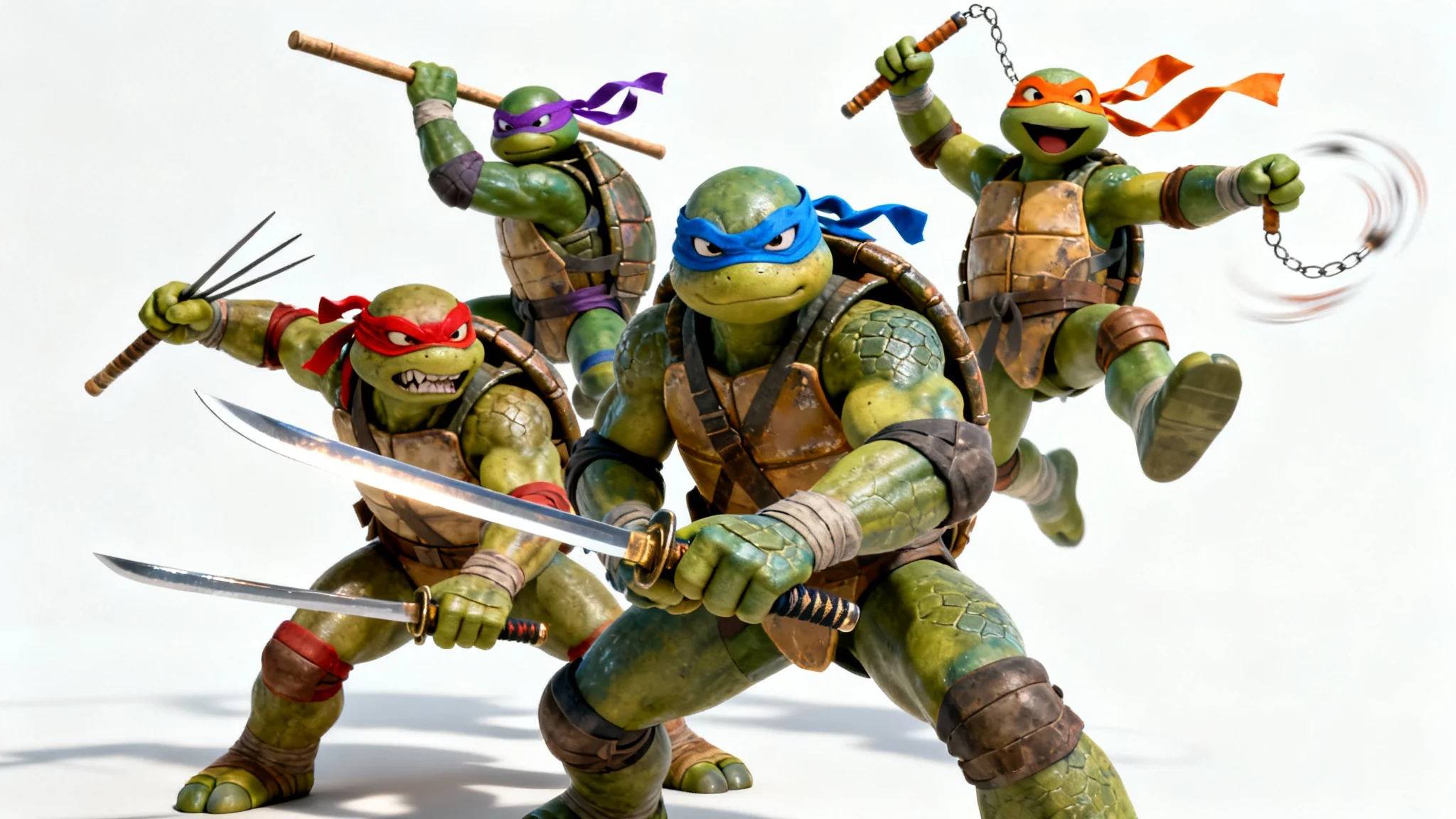 A photorealistic 3D render of the Teenage Mutant Ninja Turtles, Leonardo, Raphael, Donatello, and Michelangelo,  in a dynamic group pose with their weapons against a solid white background.