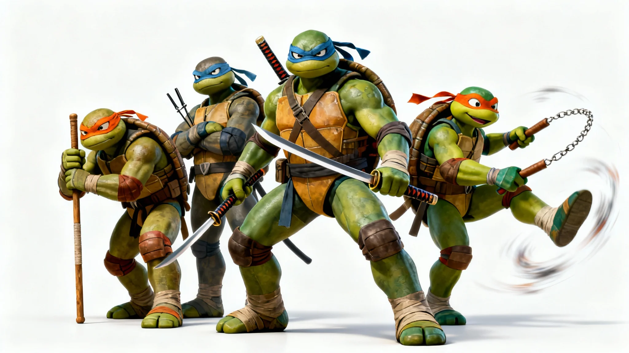 A dynamic digital illustration of the four Teenage Mutant Ninja Turtles, Leonardo, Donatello, Raphael, and Michelangelo, posing together in action stances with their signature weapons against a clean white background.
