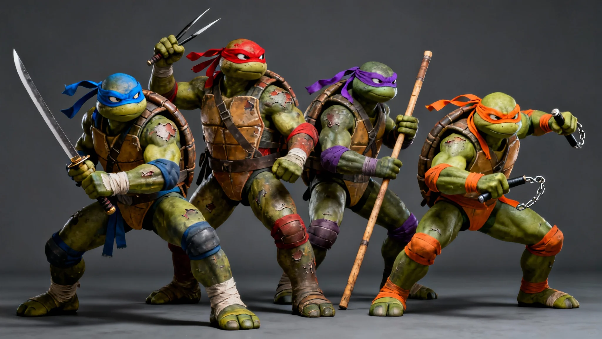 A hyper-realistic, full-body group shot of the four Teenage Mutant Ninja Turtles (Leonardo, Raphael, Donatello, and Michelangelo) posing heroically with their weapons against a dark background.