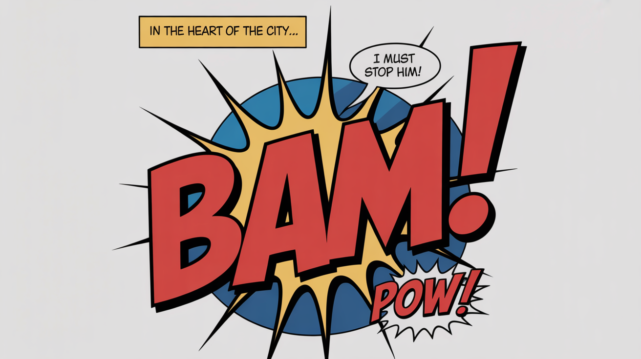 A before-and-after hero image demonstrating a comic text tool. The 'before' image is a 3D scene with a 'BAM!' effect, and the 'after' image shows it transformed into a complete comic book panel with added narration and a speech bubble.