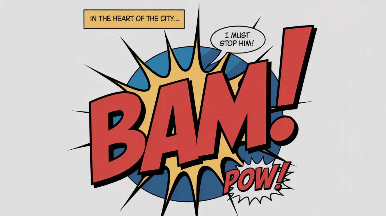 A before-and-after hero image demonstrating a comic text tool. The 'before' image is a 3D scene with a 'BAM!' effect, and the 'after' image shows it transformed into a complete comic book panel with added narration and a speech bubble.