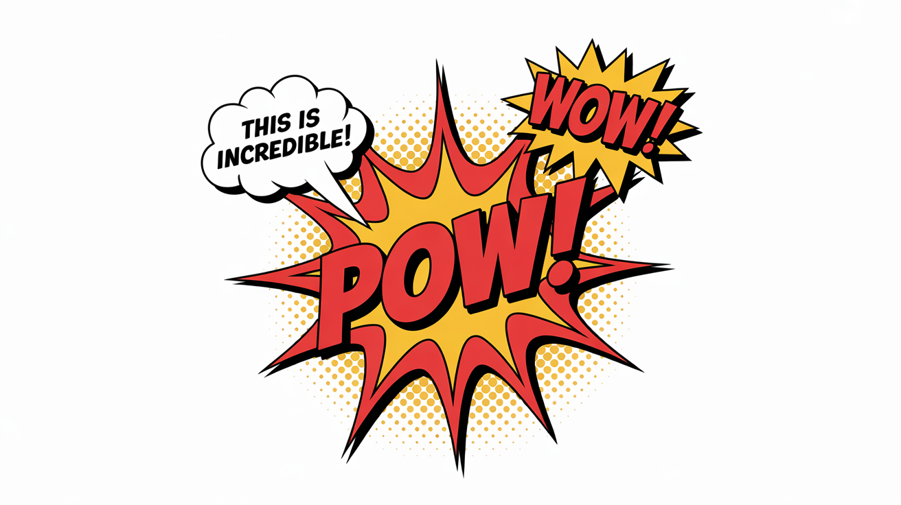 A vibrant collection of comic book style speech bubbles and sound effects like 'POW!' and 'WOW!' on a clean white background, rendered in a pop art style.