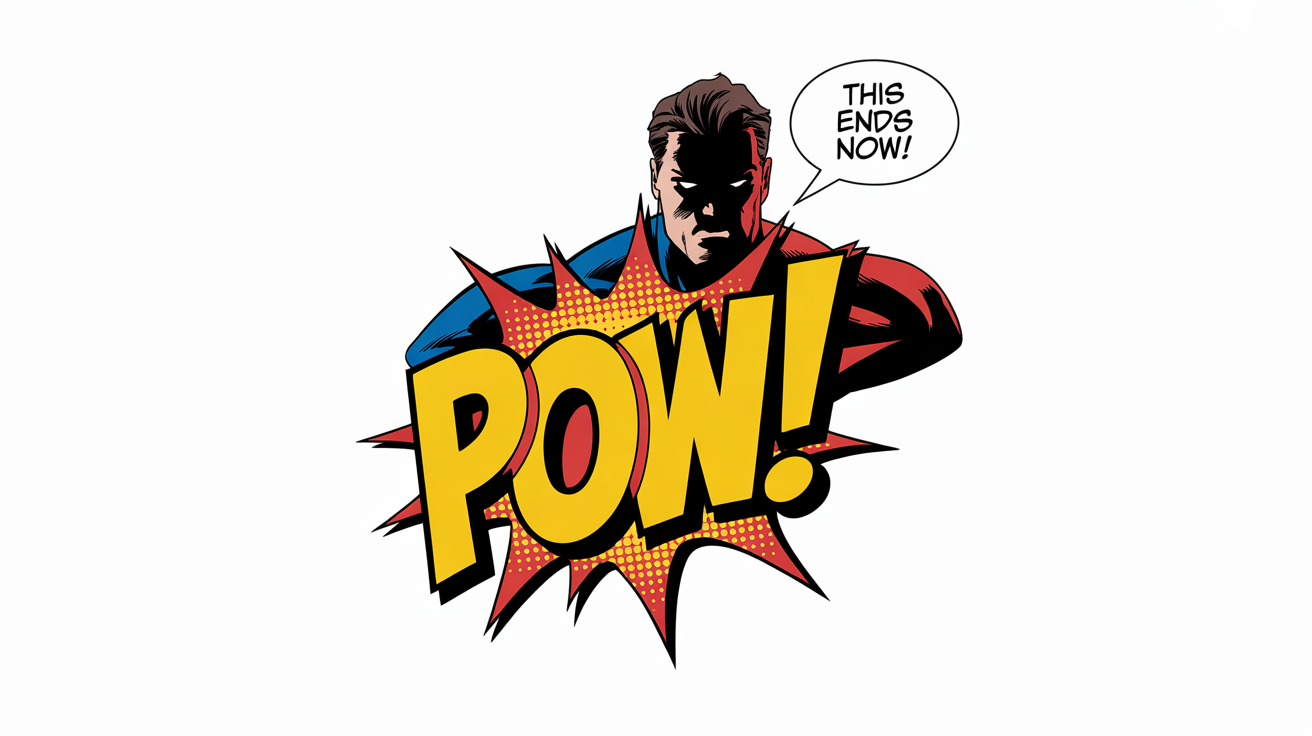 A close-up of a vibrant comic book panel showing a superhero scene. A large sound effect bubble with the word 'POW!' is in the foreground, with a speech bubble next to it that says 'This ends now!', demonstrating comic book text styles.