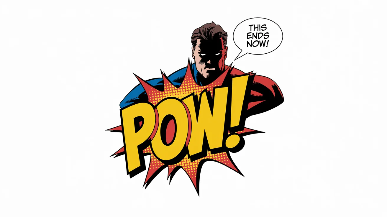 A close-up of a vibrant comic book panel showing a superhero scene. A large sound effect bubble with the word 'POW!' is in the foreground, with a speech bubble next to it that says 'This ends now!', demonstrating comic book text styles.