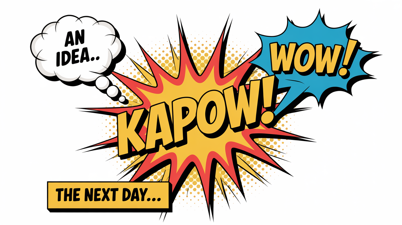 A dynamic collage of classic comic book text elements on a white background, featuring a 'KAPOW!' explosion bubble, a 'WOW!' speech bubble, and a 'The Next Day...' narration box.