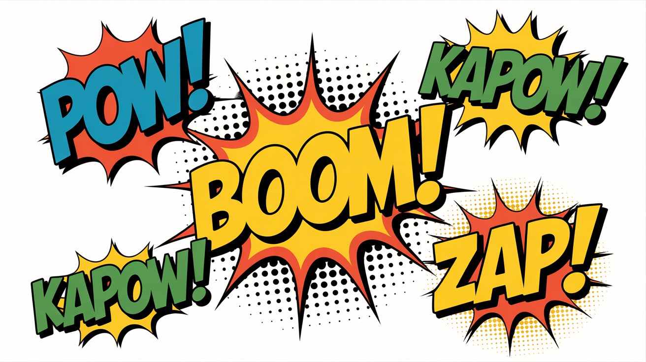A vibrant pop-art style illustration of classic comic book sound effects like 'BOOM!', 'POW!', and 'ZAP!' in bright colors and bold fonts, isolated on a white background.