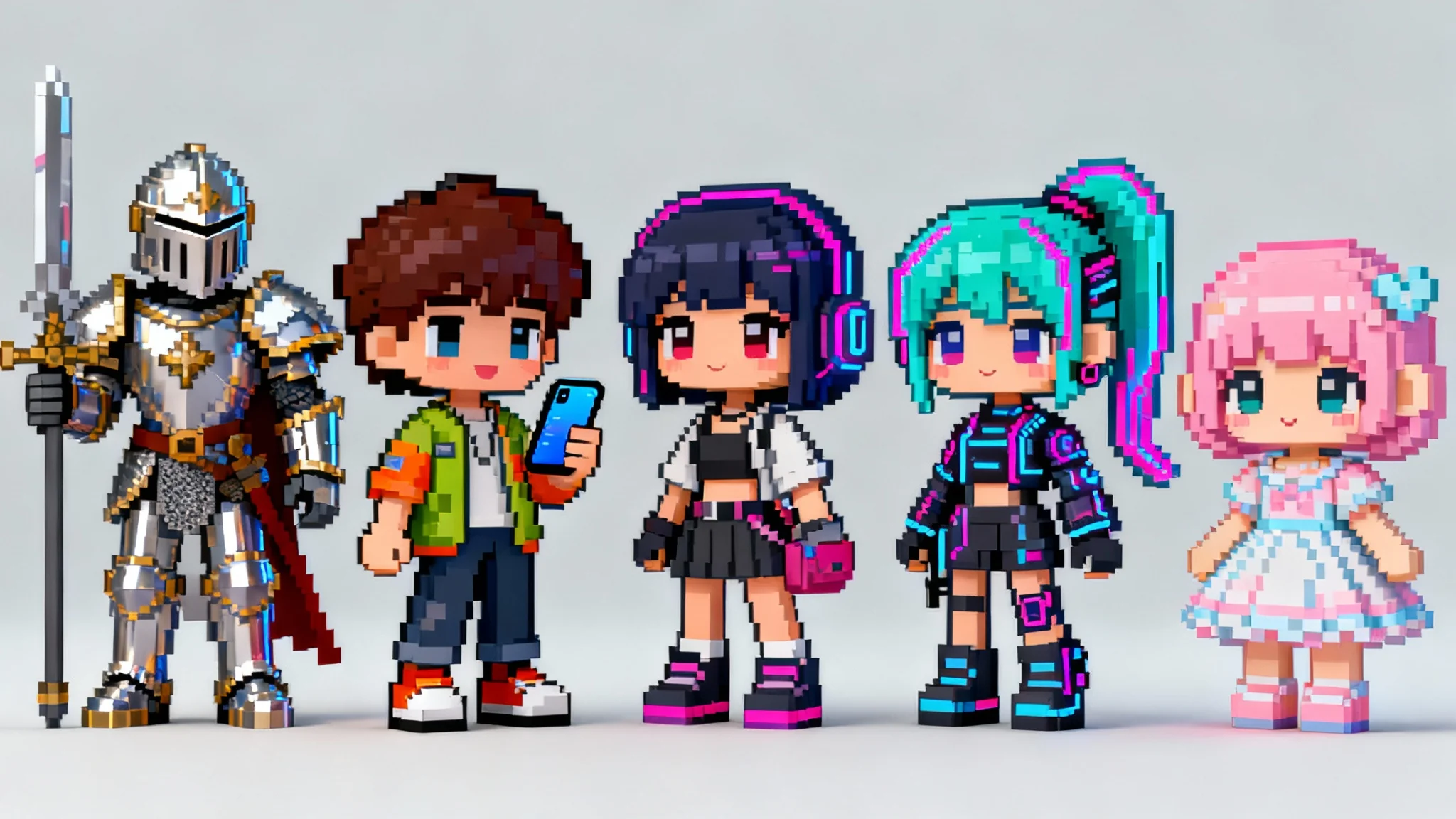 A collection of beautifully crafted pixel dolls arranged in a lineup, showcasing a variety of character designs and styles including fantasy, modern, and cyberpunk on a clean background.
