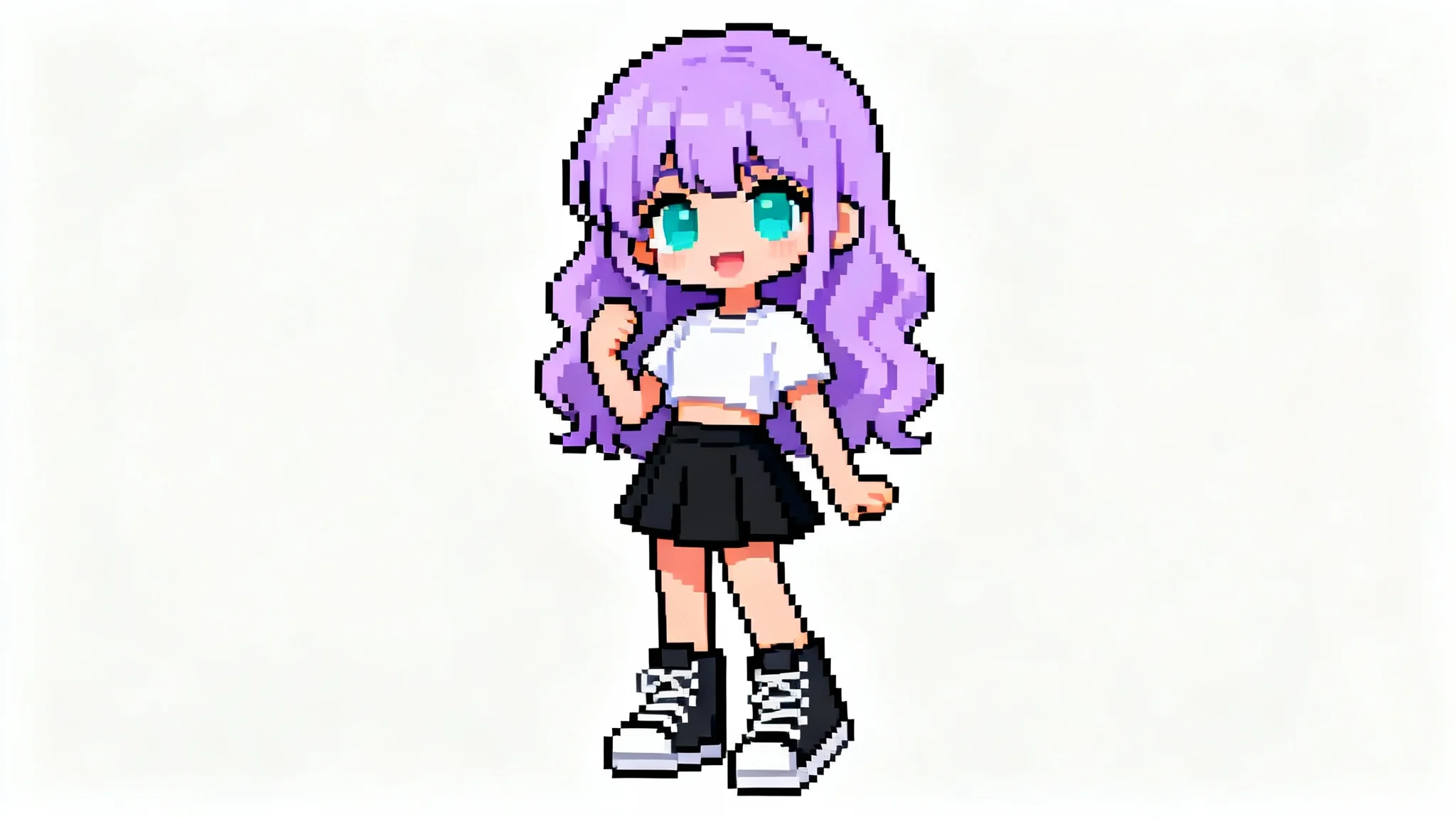 A full-body pixel art illustration of a cute female character with purple hair and a stylish outfit, rendered in a 16-bit style against a plain white background.