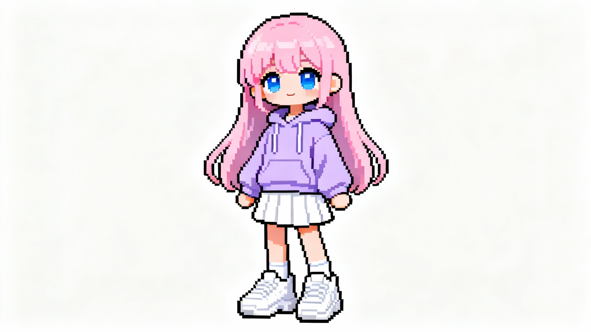 A detailed 16-bit pixel art doll of a girl with long pink hair wearing a lavender hoodie, isolated on a white background.