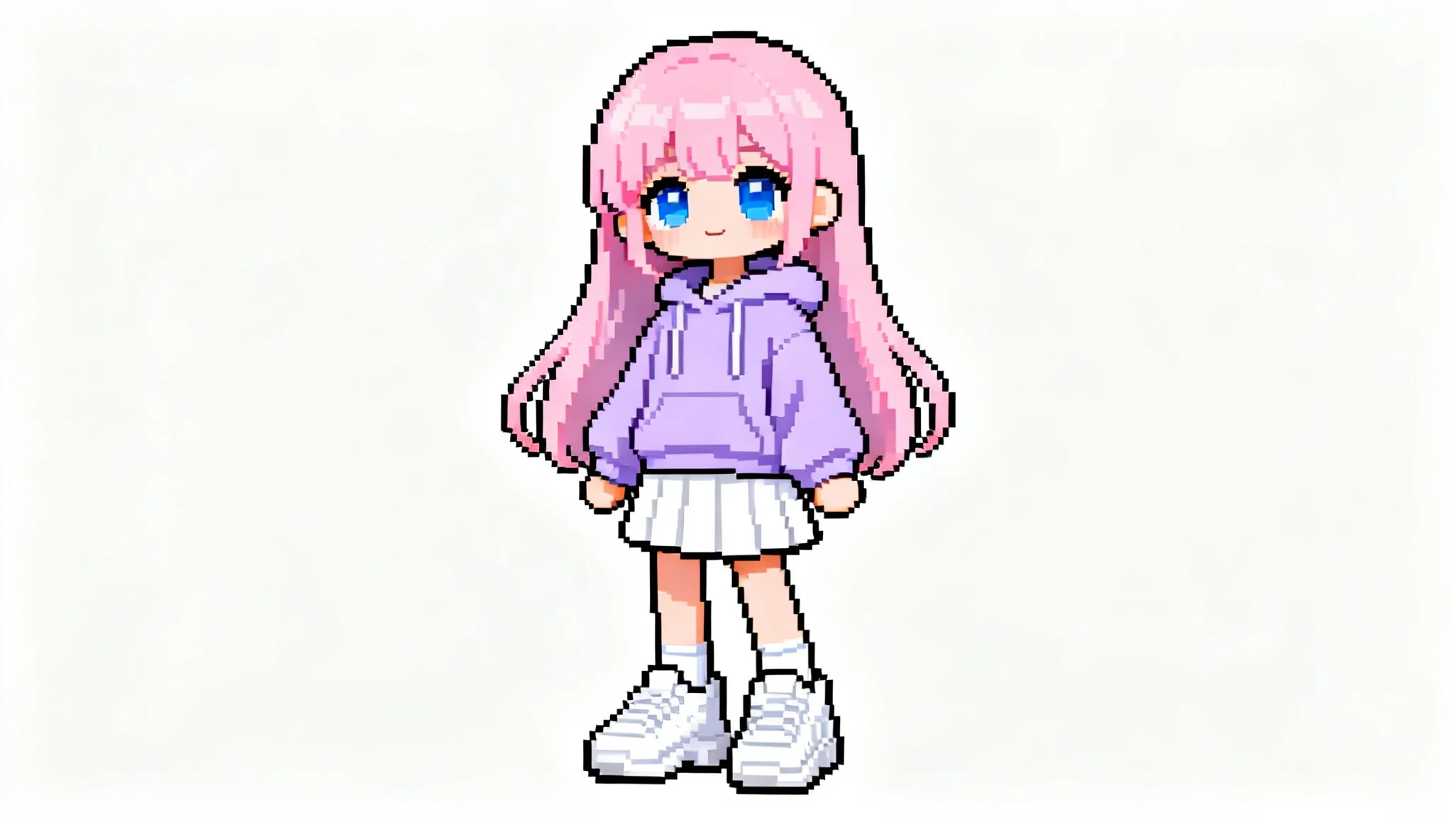 A detailed 16-bit pixel art doll of a girl with long pink hair wearing a lavender hoodie, isolated on a white background.
