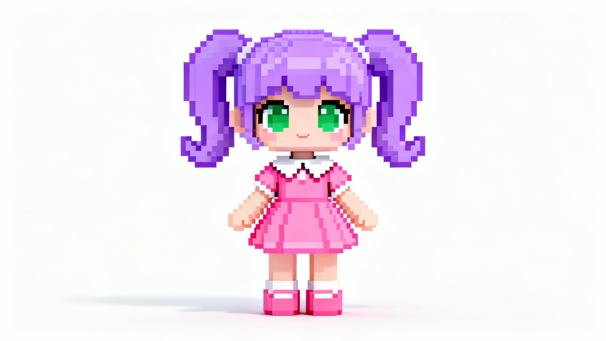 A full-body, 16-bit pixel art doll of a character with purple pigtails and a pink dress, presented on a solid white background.