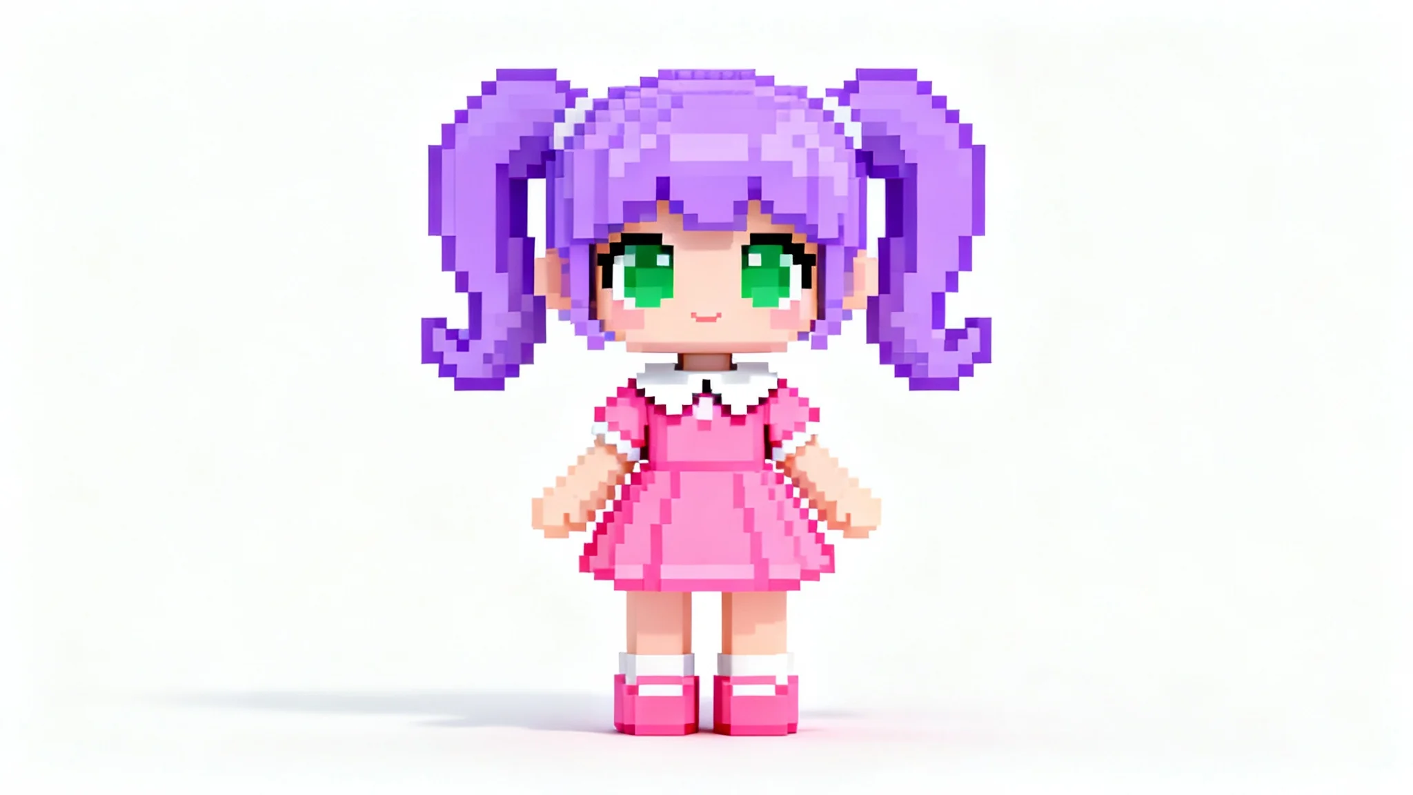 A full-body, 16-bit pixel art doll of a character with purple pigtails and a pink dress, presented on a solid white background.