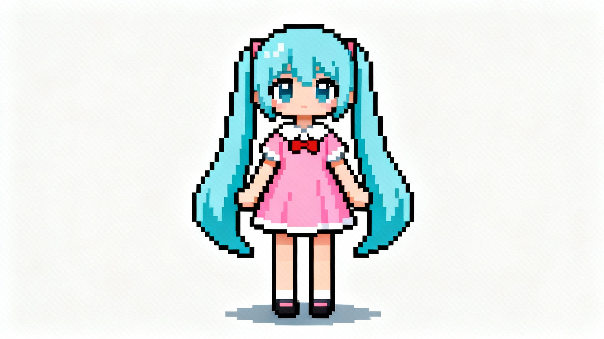 A detailed 16-bit pixel art doll of a female character with blue hair and a pink dress, standing against a white background.