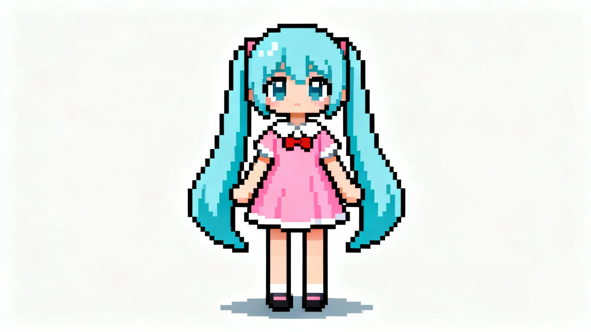 A detailed 16-bit pixel art doll of a female character with blue hair and a pink dress, standing against a white background.