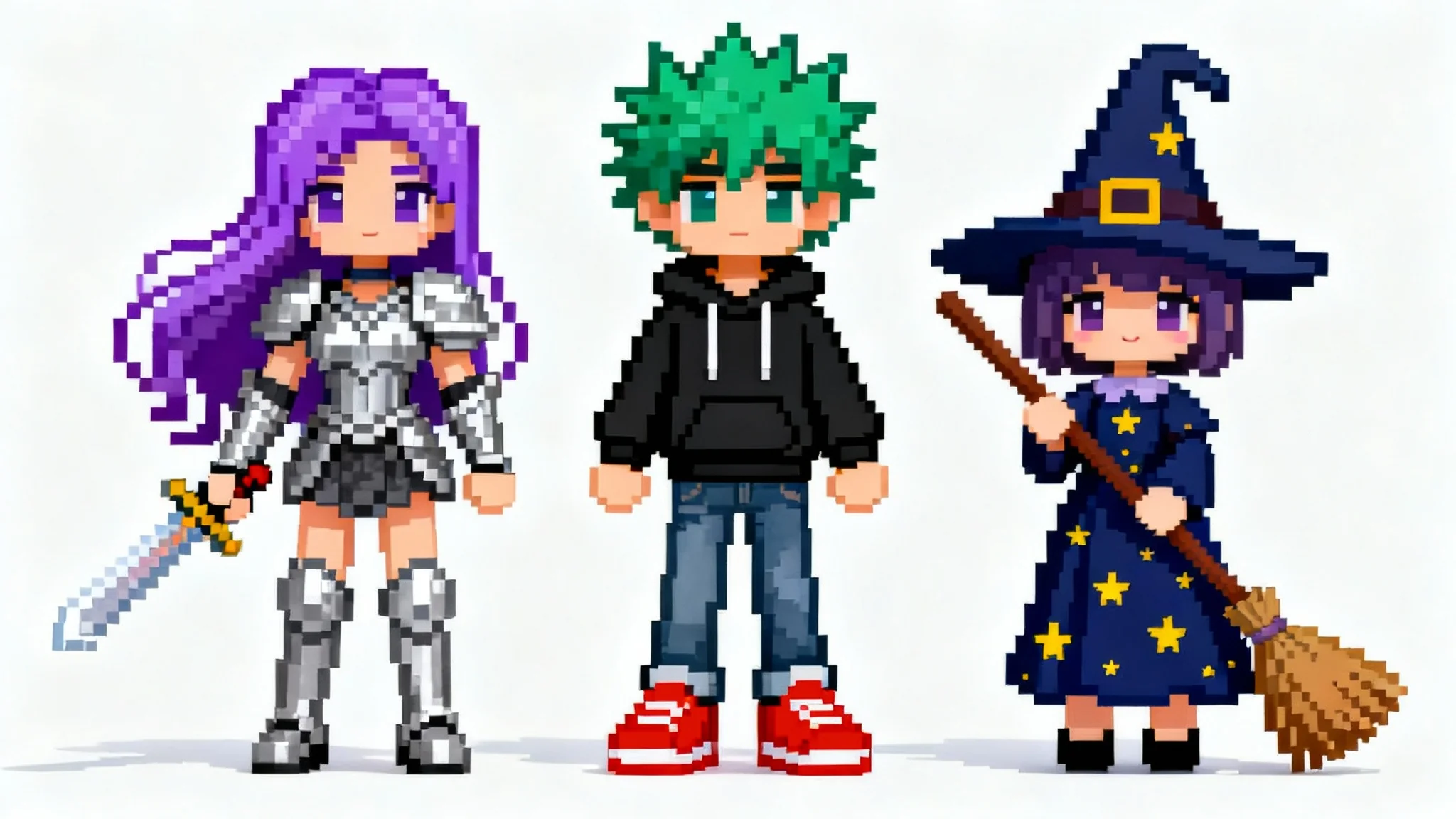 Three detailed 16-bit pixel dolls standing in a row on a white background: a female warrior, a boy in a hoodie, and a small witch.