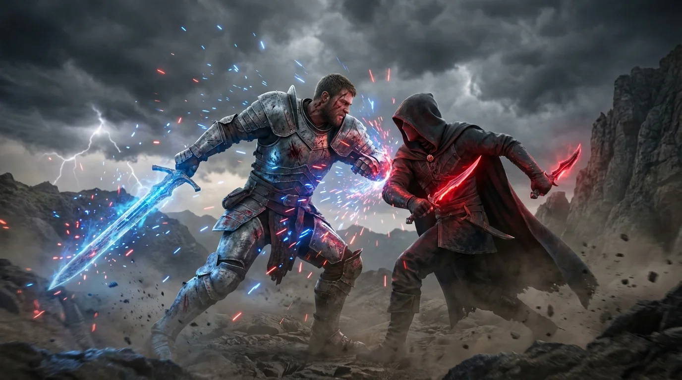 An epic, cinematic fantasy battle scene where a muscular warrior with a glowing blue sword clashes with a shadowy assassin using red daggers on a stormy, rocky plain, resulting in a shower of sparks.