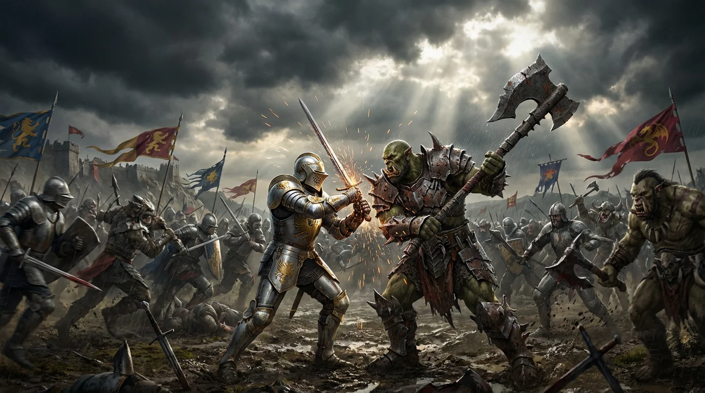 An epic, cinematic fantasy battle scene showing a knight in shining armor fighting an orc chieftain in the middle of a chaotic battlefield under a stormy sky.