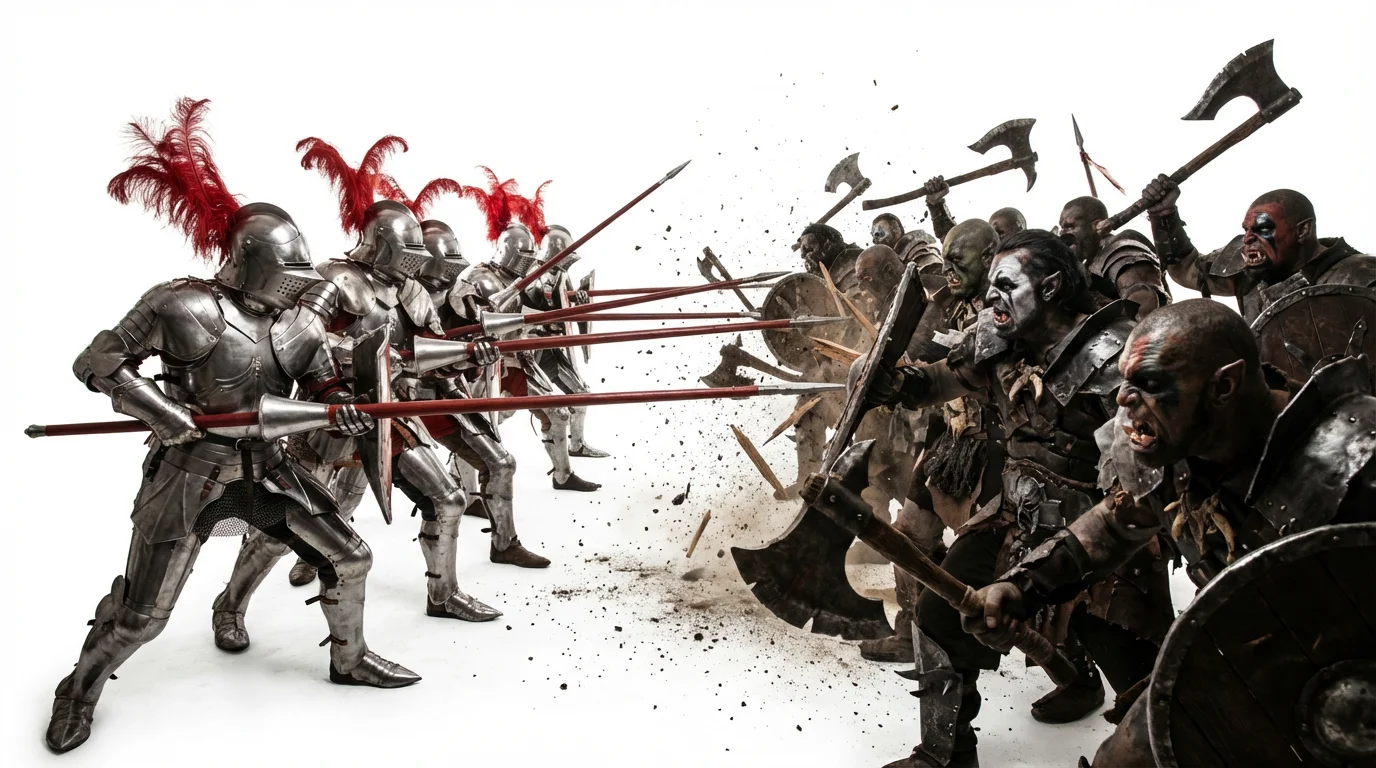 A photorealistic mockup of an epic medieval battle scene on a white background, showing knights in gleaming armor charging into a horde of orcs.