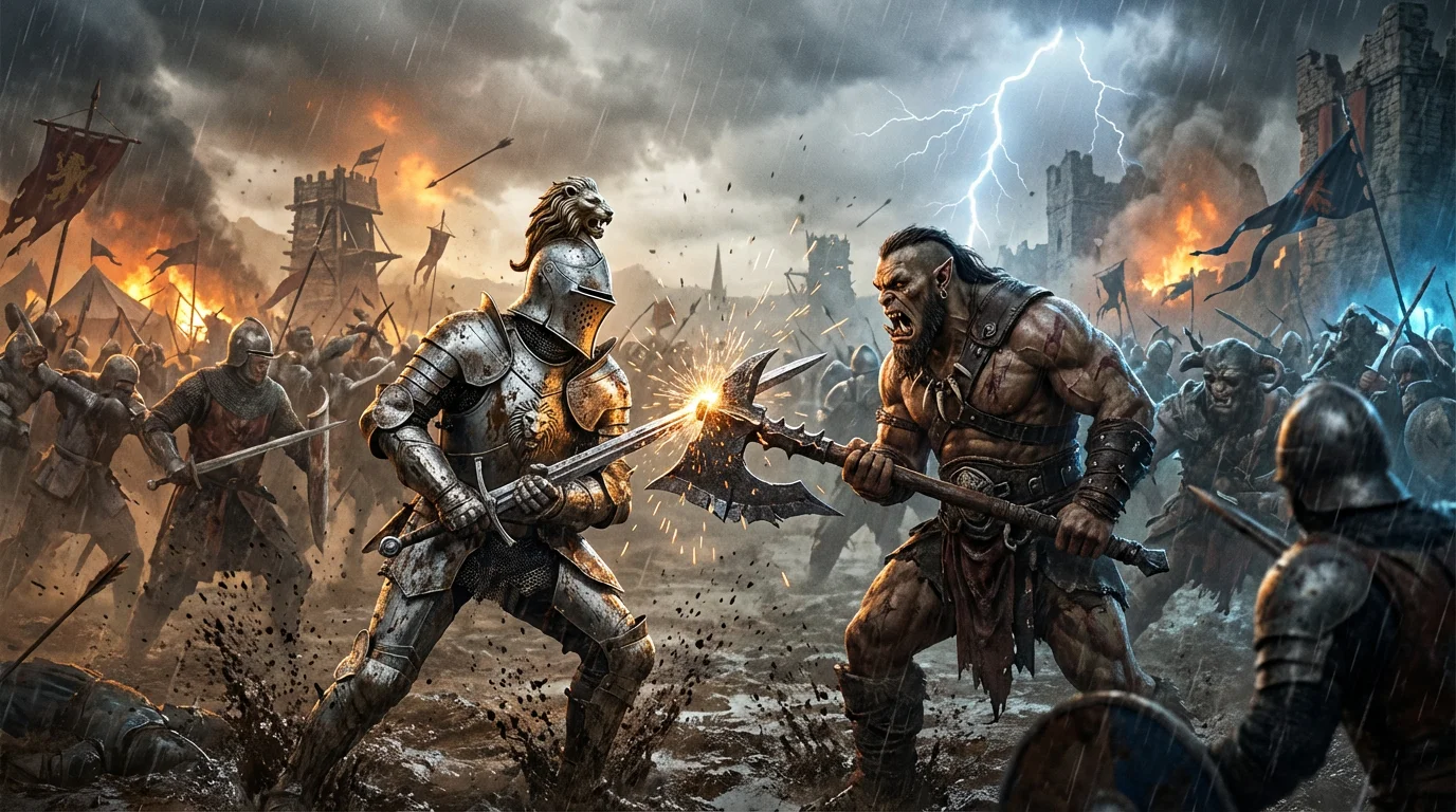 An epic, photorealistic depiction of a medieval fantasy battle, with a knight in steel armor dueling a fierce orc warrior in the foreground as a chaotic battle rages behind them under a stormy sky.