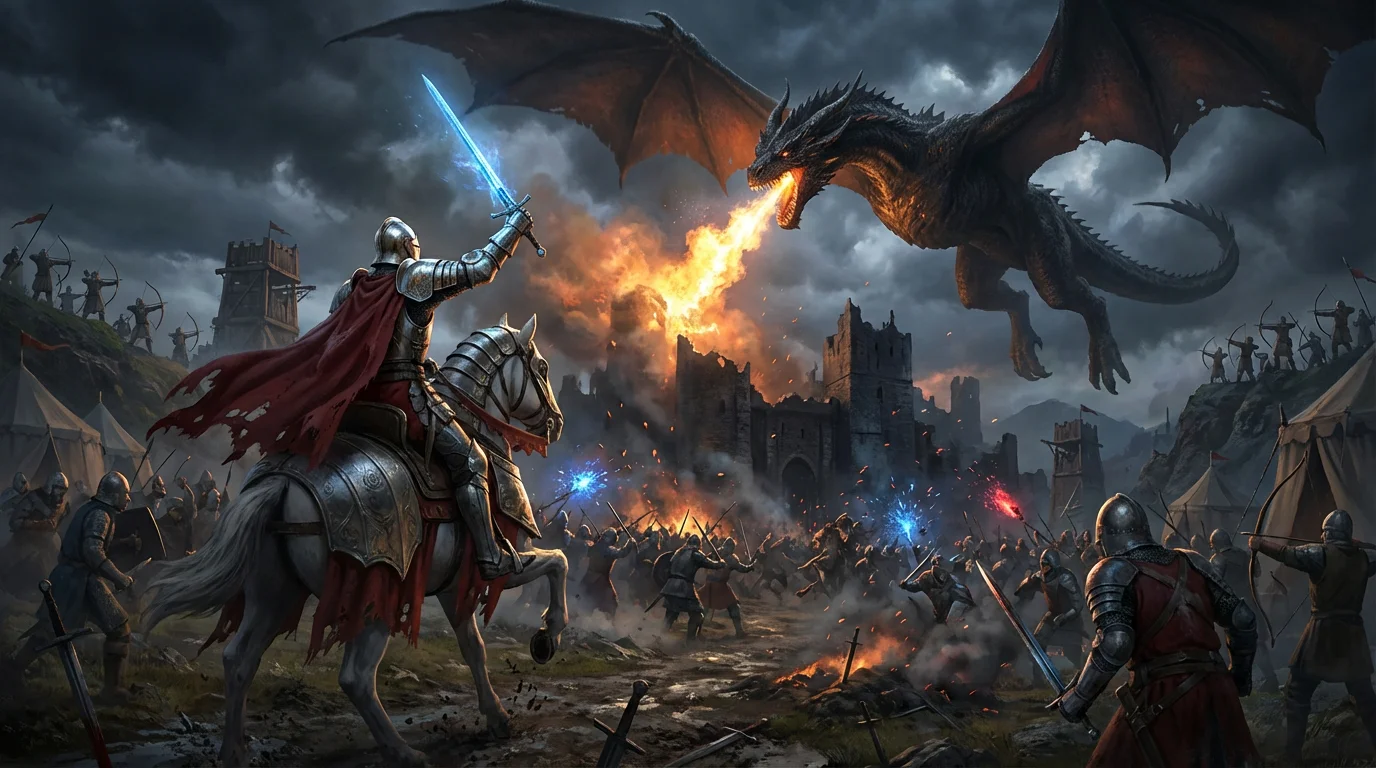 An epic fantasy battle scene at night, depicting a knight on horseback facing a massive, fire-breathing black dragon in a chaotic battlefield with a castle in the background.
