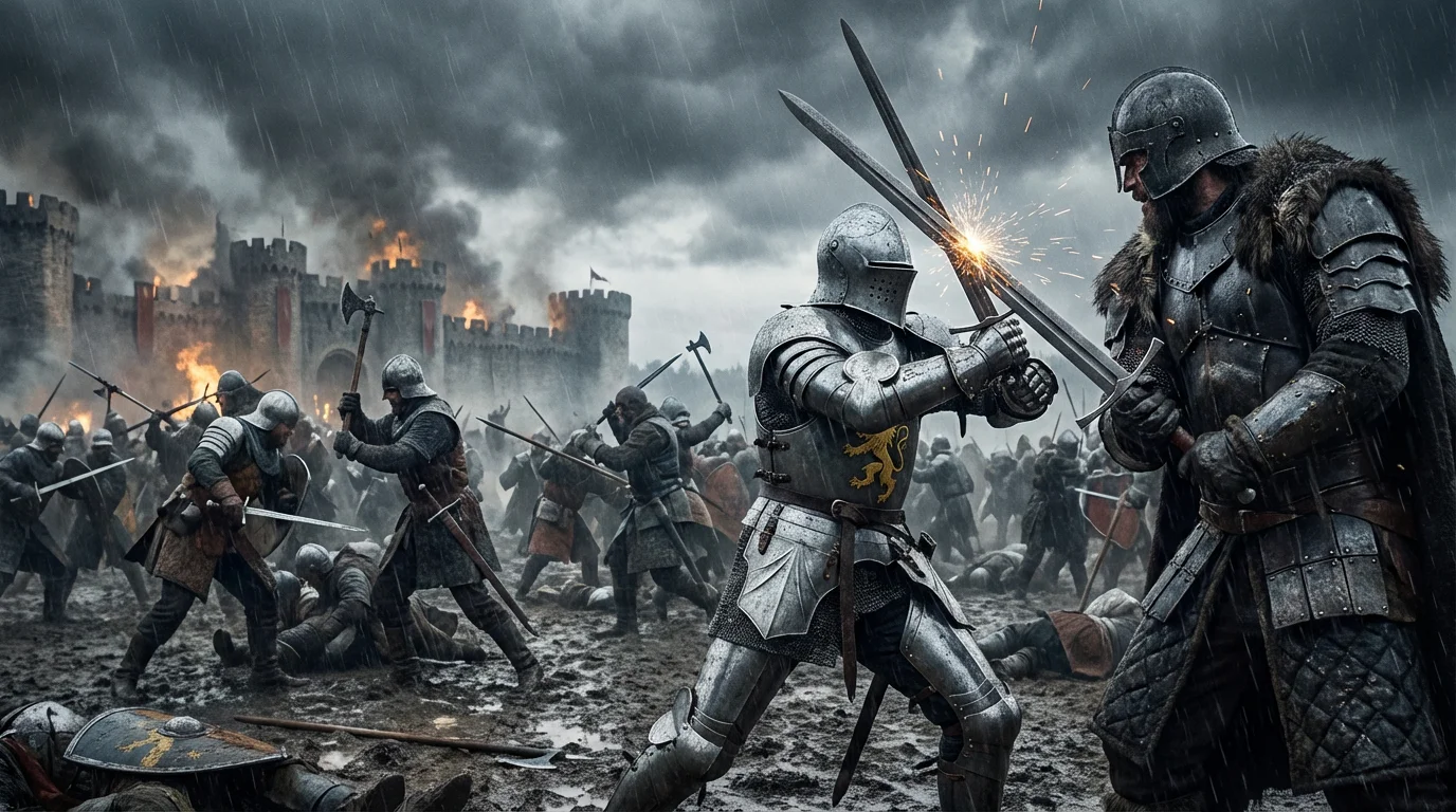 An epic, photorealistic fantasy battle scene depicting knights and warriors clashing on a muddy field in front of a castle under a stormy sky.