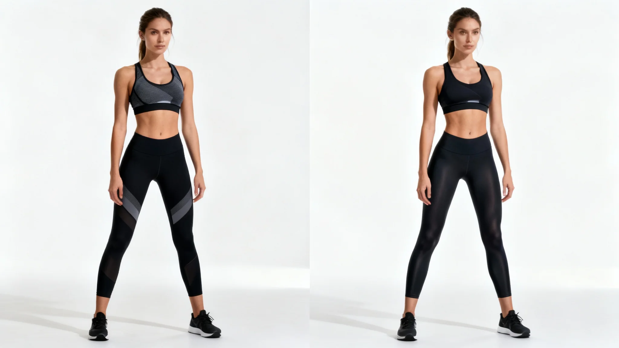 A split-screen 'before and after' image showing the results of a body editor. The 'before' side shows a woman in sportswear, and the 'after' side shows her with a subtly slimmer and more toned physique.