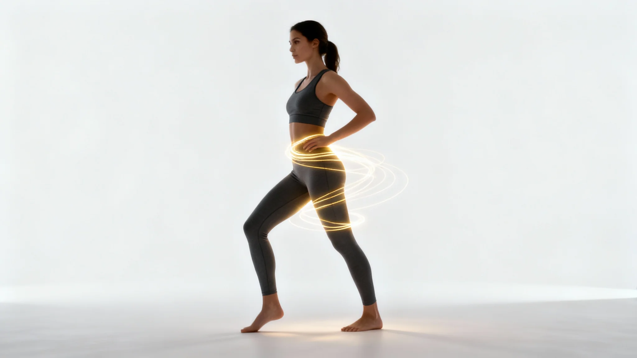 A full-body image of a confident woman in athletic wear, with glowing digital lines subtly contouring her figure to represent the effect of a body editor.