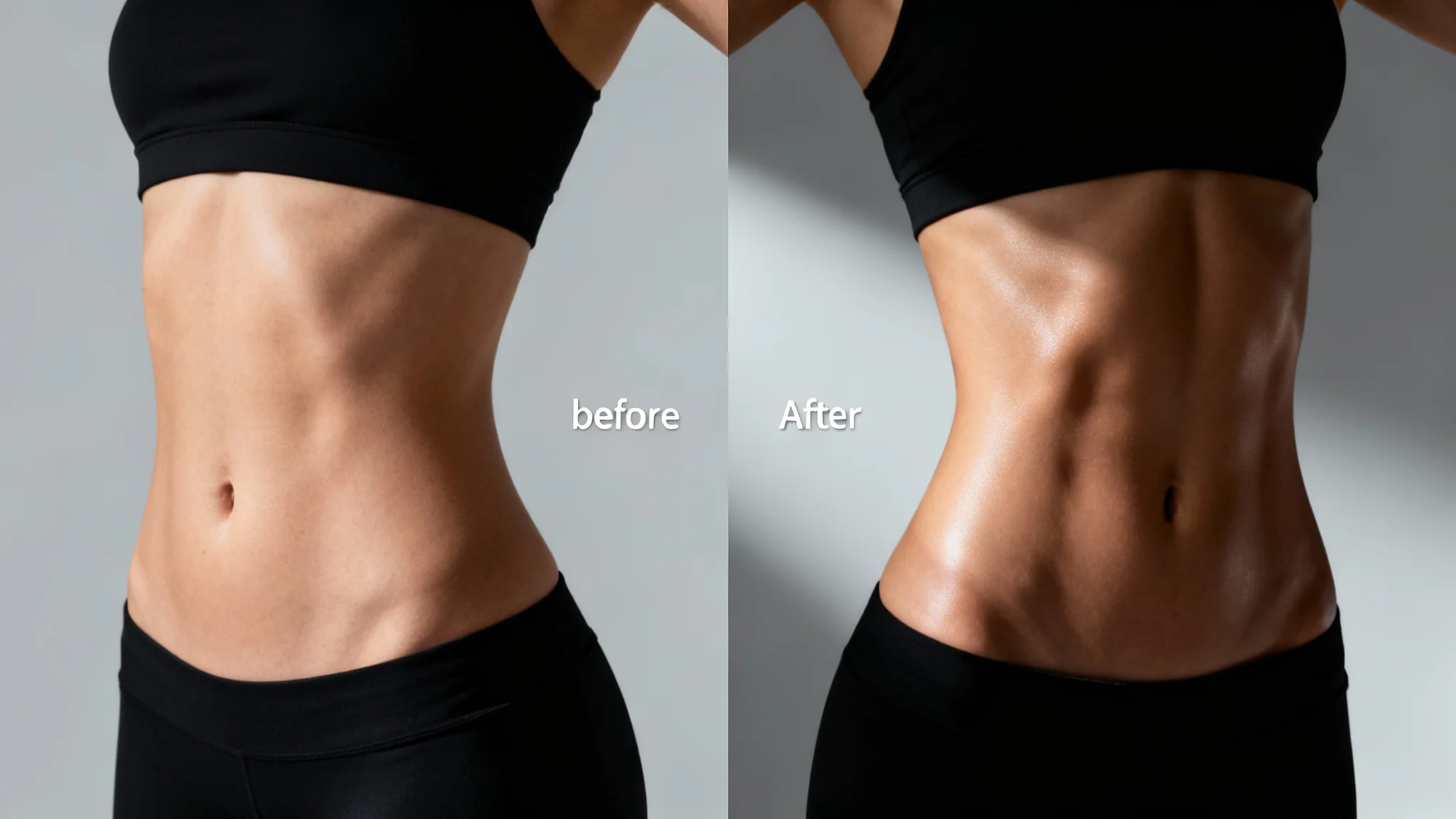 A split-screen comparison image demonstrating a body editor. The left side shows a woman's natural torso, while the right side shows the same torso but digitally edited to appear slimmer and more toned.