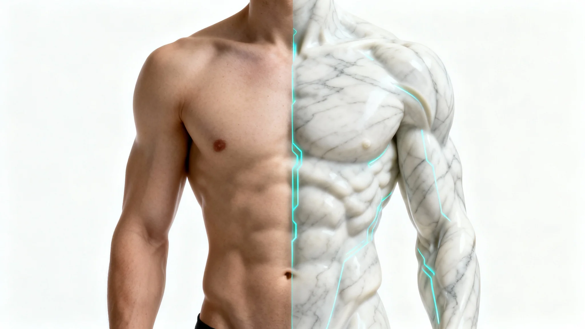 A conceptual image showing a person's torso against a white background, with one side showing a normal body and the other side showing a perfectly sculpted, muscular version, symbolizing the effect of a body editor.