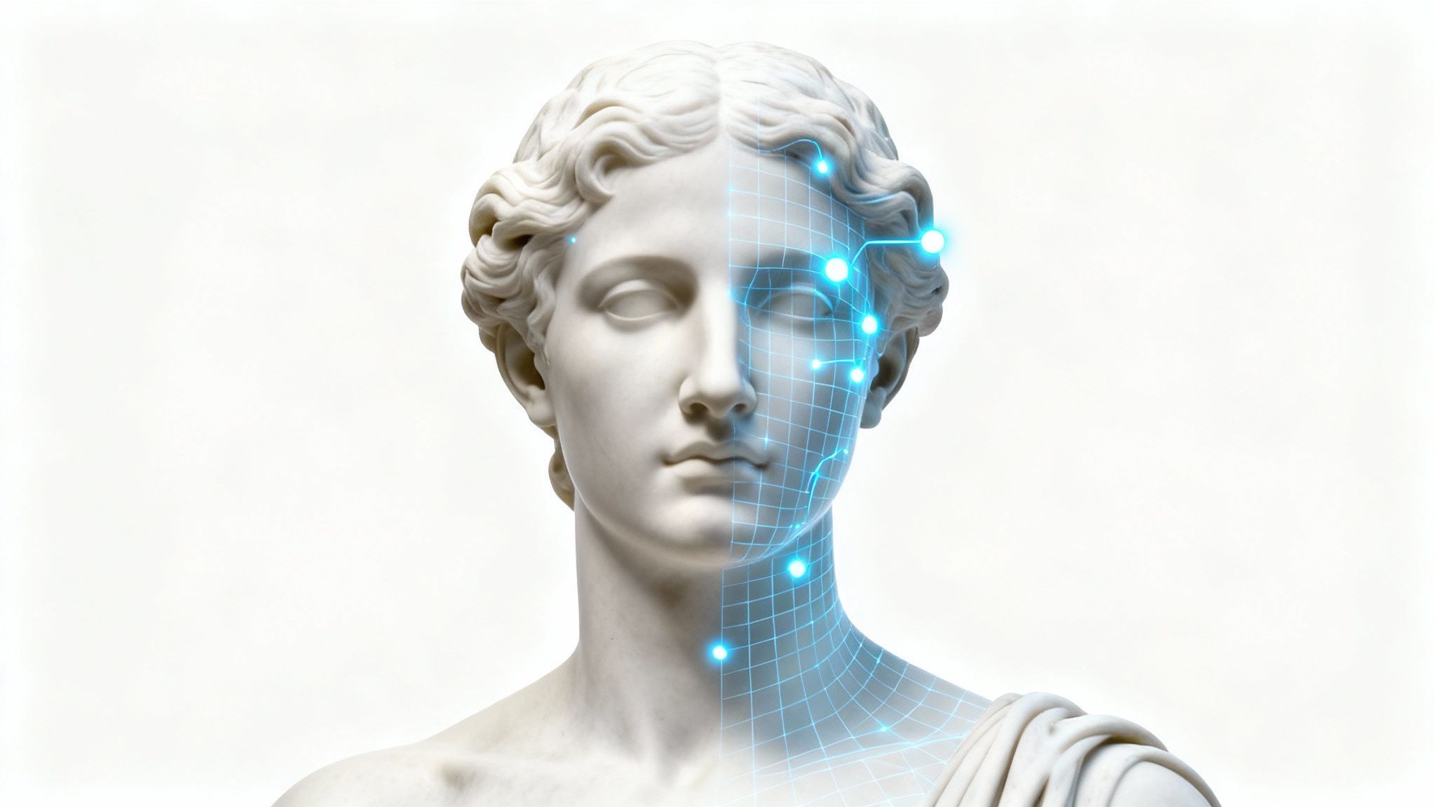 A conceptual image showing a sculpted human figure against a white background, with a glowing blue digital grid on one side to represent the effects of a body editor.