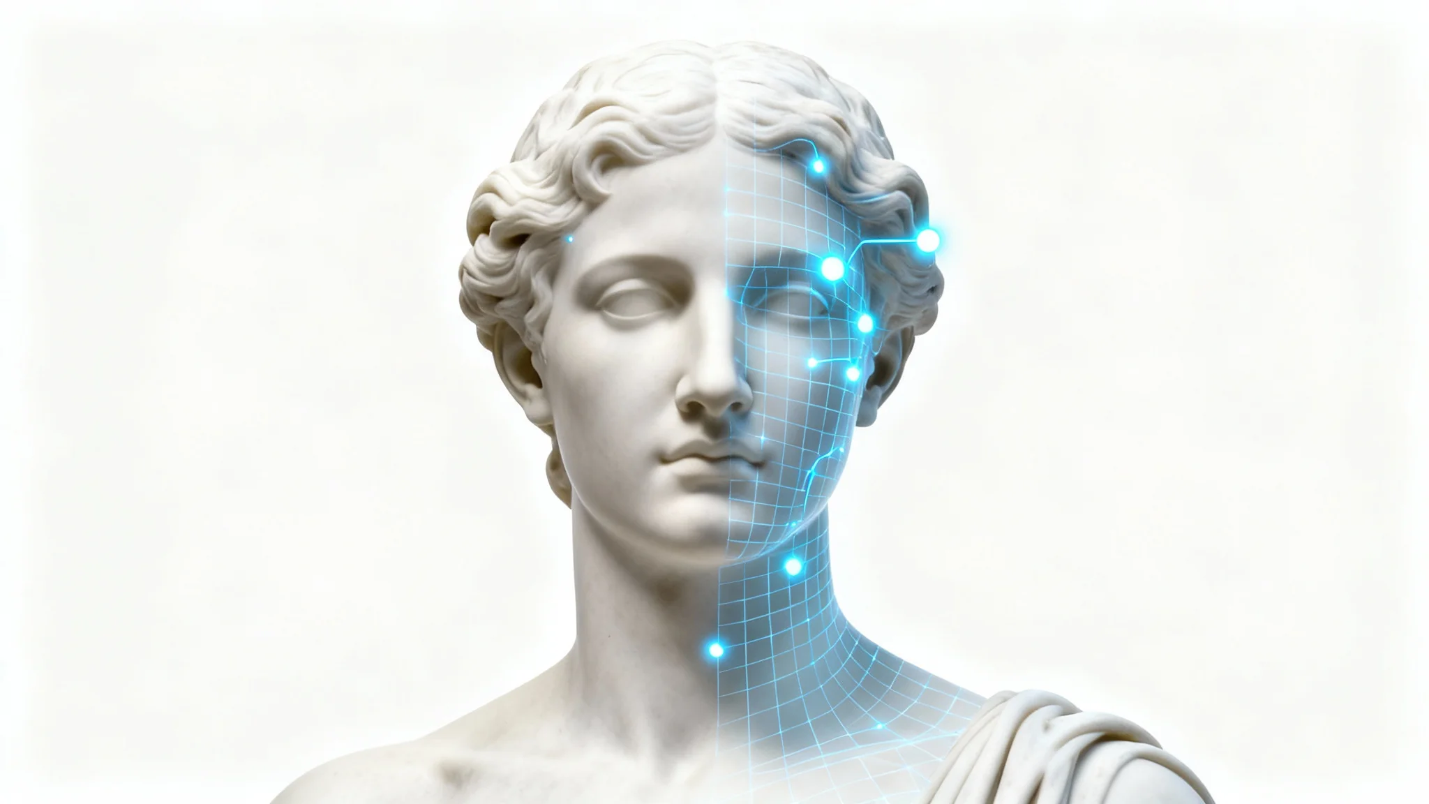A conceptual image showing a sculpted human figure against a white background, with a glowing blue digital grid on one side to represent the effects of a body editor.