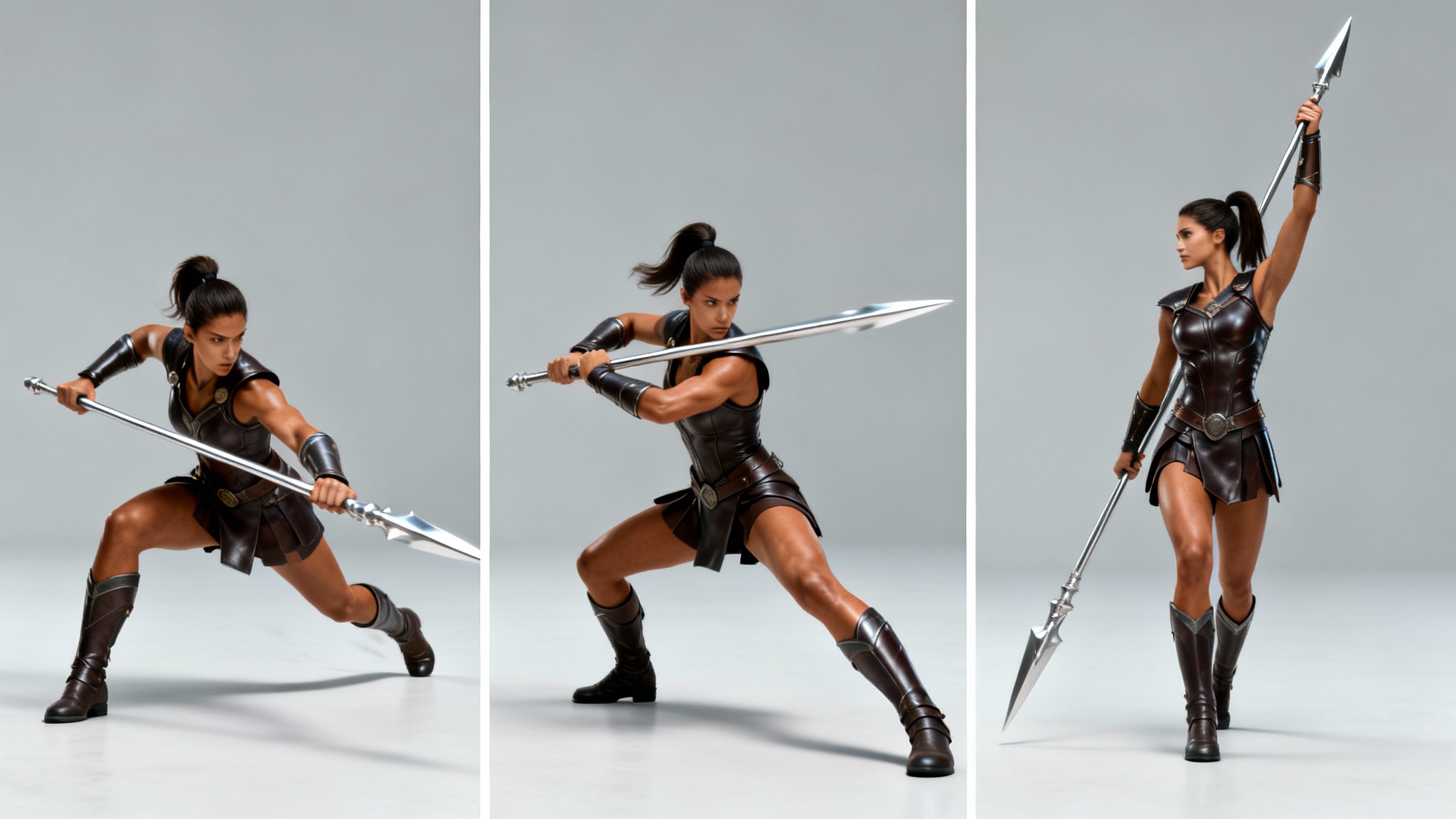 A digital art collage showing the same female warrior in three different dynamic poses against a minimalist light gray background. The warrior has light brown skin, dark leather armor, and a spear. The poses include an attacking lunge, a defensive block, and a victorious stance.