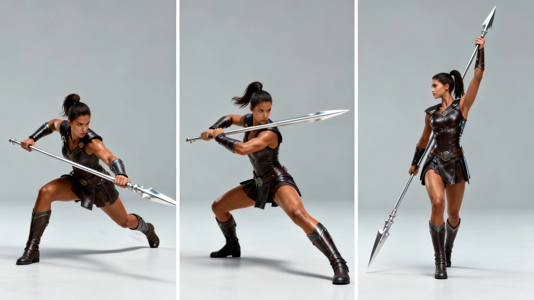 A digital art collage showing the same female warrior in three different dynamic poses against a minimalist light gray background. The warrior has light brown skin, dark leather armor, and a spear. The poses include an attacking lunge, a defensive block, and a victorious stance.