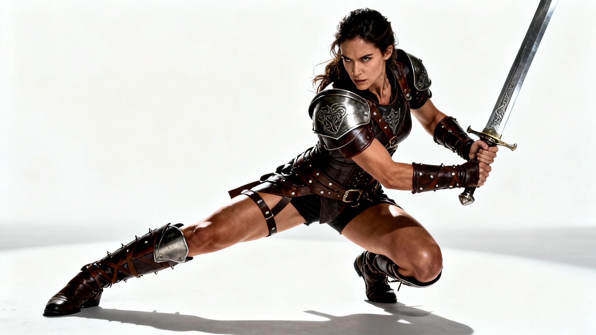 A photorealistic digital illustration of a female warrior in a dynamic action pose with a sword, set against a clean white background.