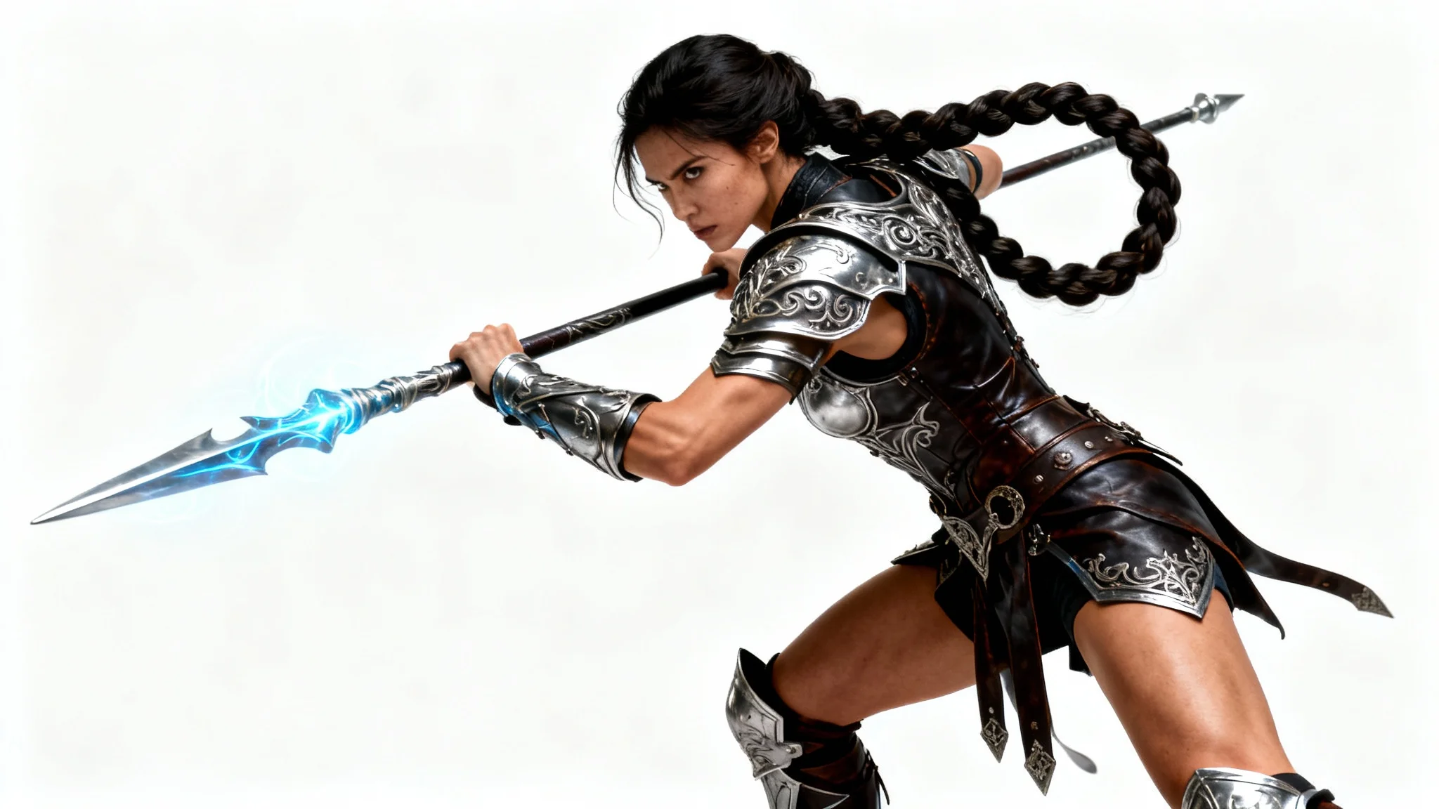 A full-body shot of a female warrior in a dynamic fighting pose against a white background. She wears detailed fantasy armor and holds a glowing spear.