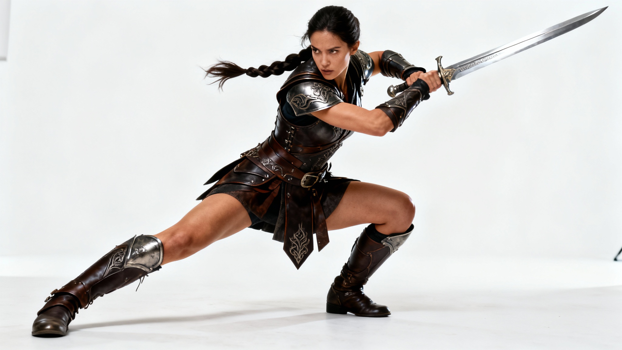 A hyper-realistic image of a female warrior in a dynamic fighting pose, wearing detailed armor and holding a sword, set against a plain white background.