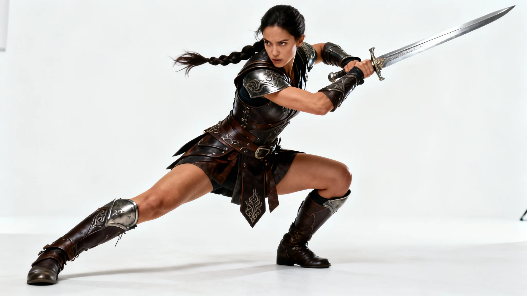 A hyper-realistic image of a female warrior in a dynamic fighting pose, wearing detailed armor and holding a sword, set against a plain white background.