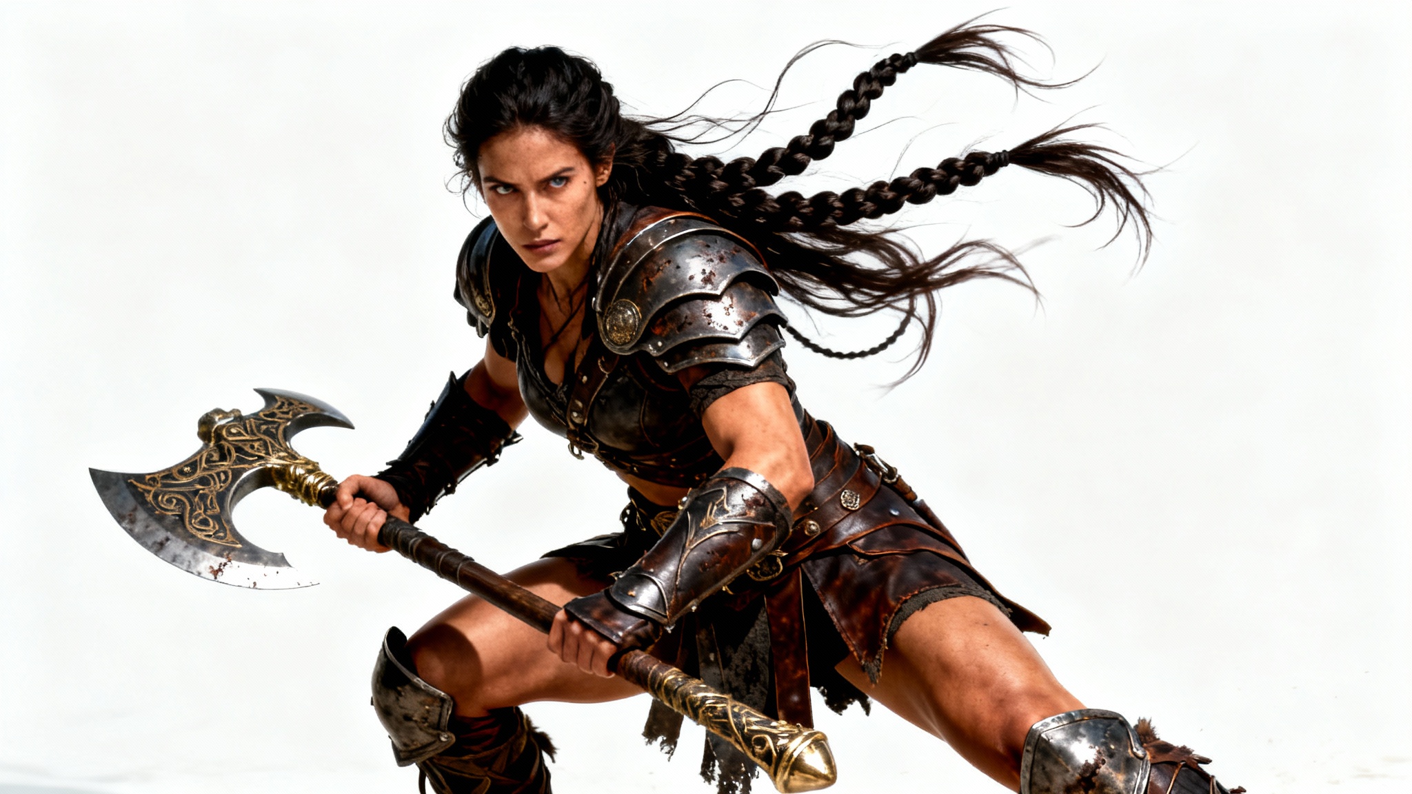 A photorealistic image of a female warrior in a dynamic pose, wearing detailed leather and steel armor and wielding a large battle-axe against a plain white background.